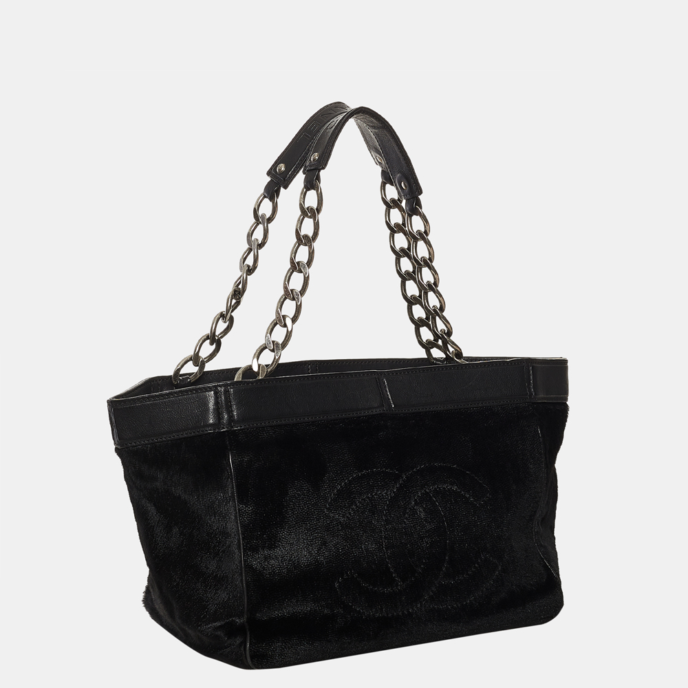 

Chanel Black CC Logo Pony Hair Chain Tote