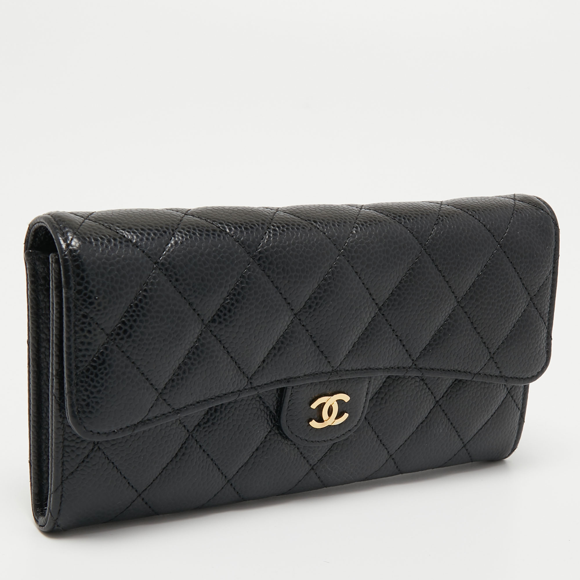 

Chanel Black Quilted Caviar Leather Gusset Flap Wallet