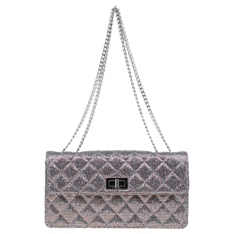 Pre Owned Chanel Quilted Silver Glitter Leather Reissue Shoulder Bag