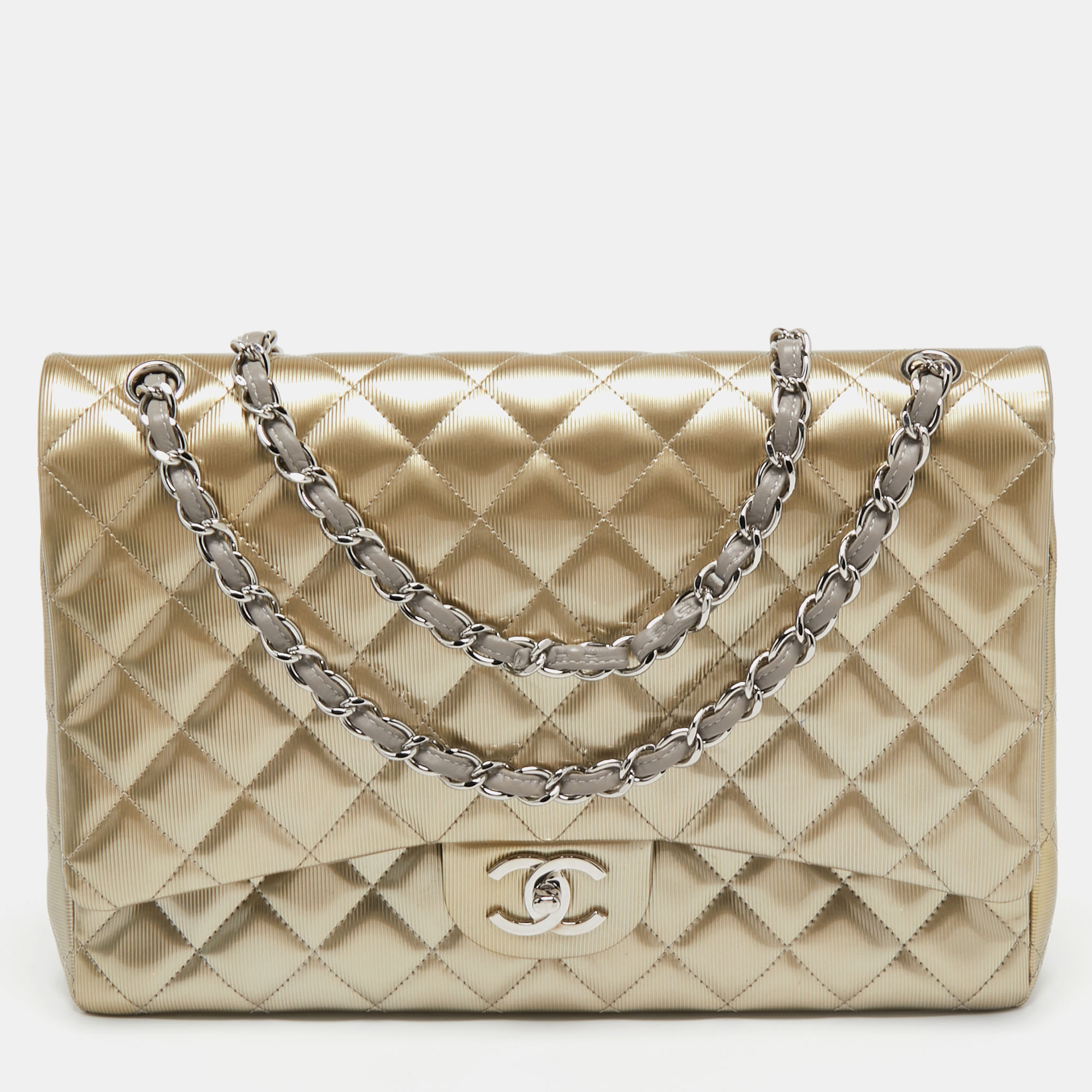Pre Owned Chanel Gold Quilted Patent and Leather Maxi Classic Double Flap Shoulder Bag