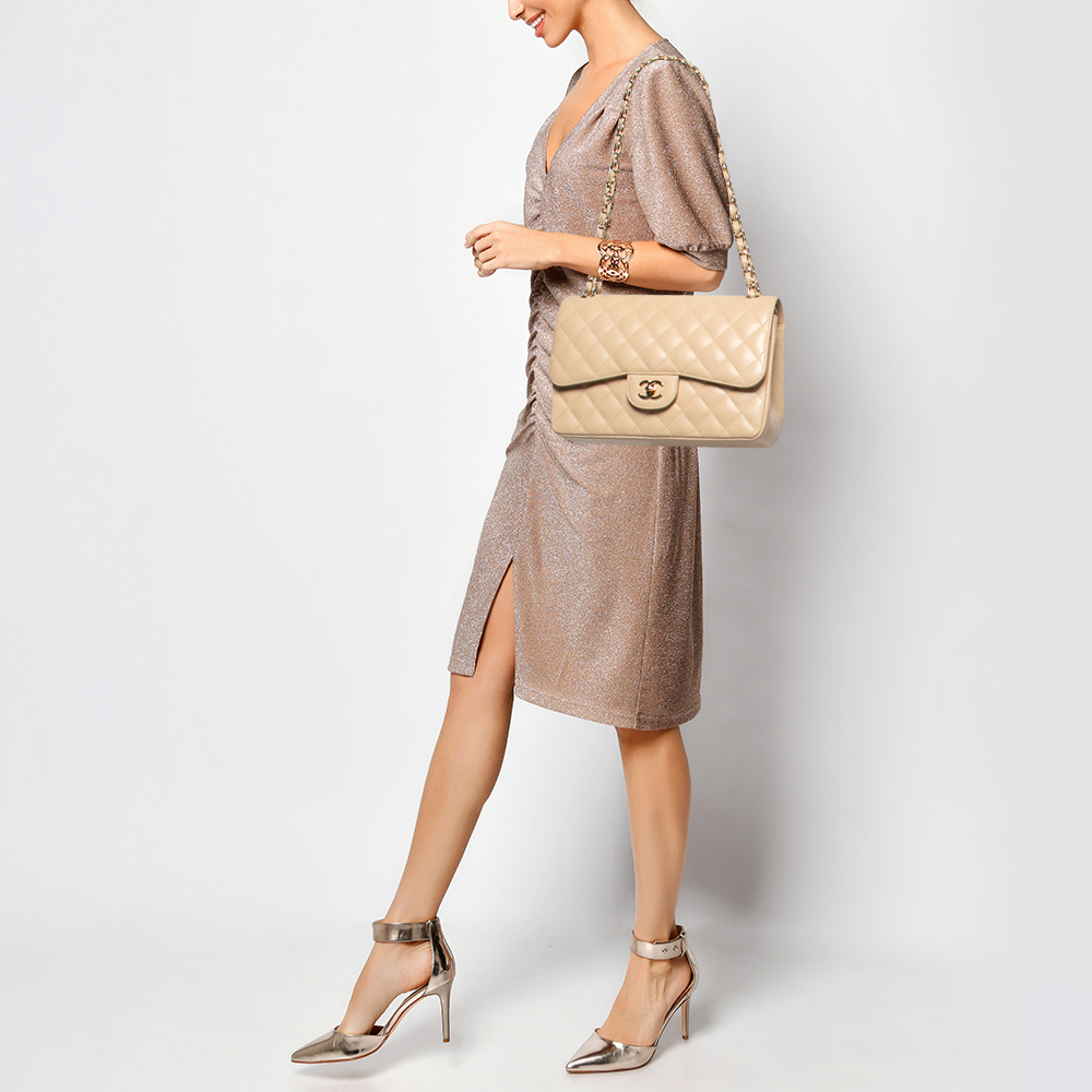 

Chanel Beige Quilted Caviar Leather Jumbo Classic Double Flap Bag