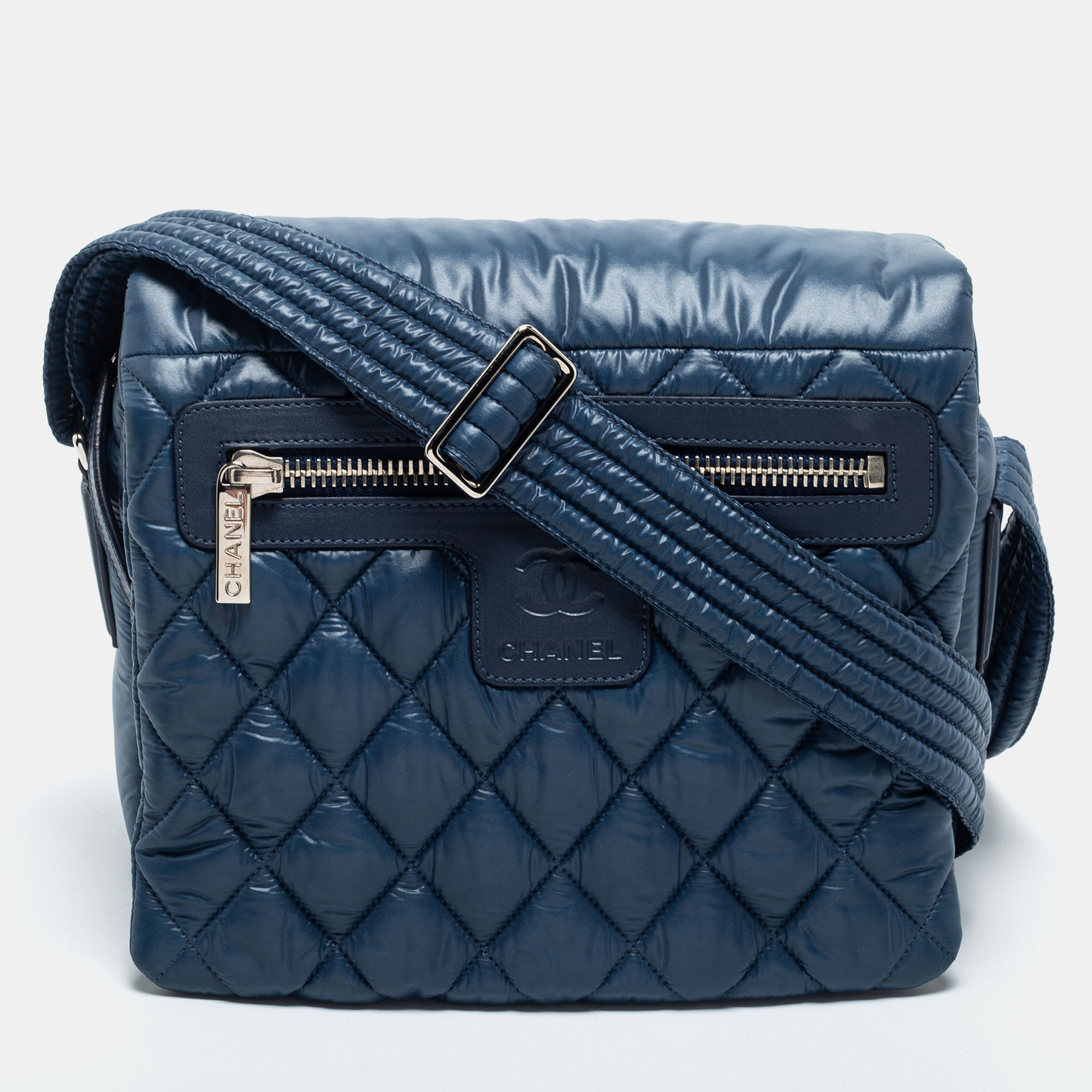 Pre-owned Chanel Navy Blue Quilted Nylon And Leather Coco Cocoon Messenger Bag