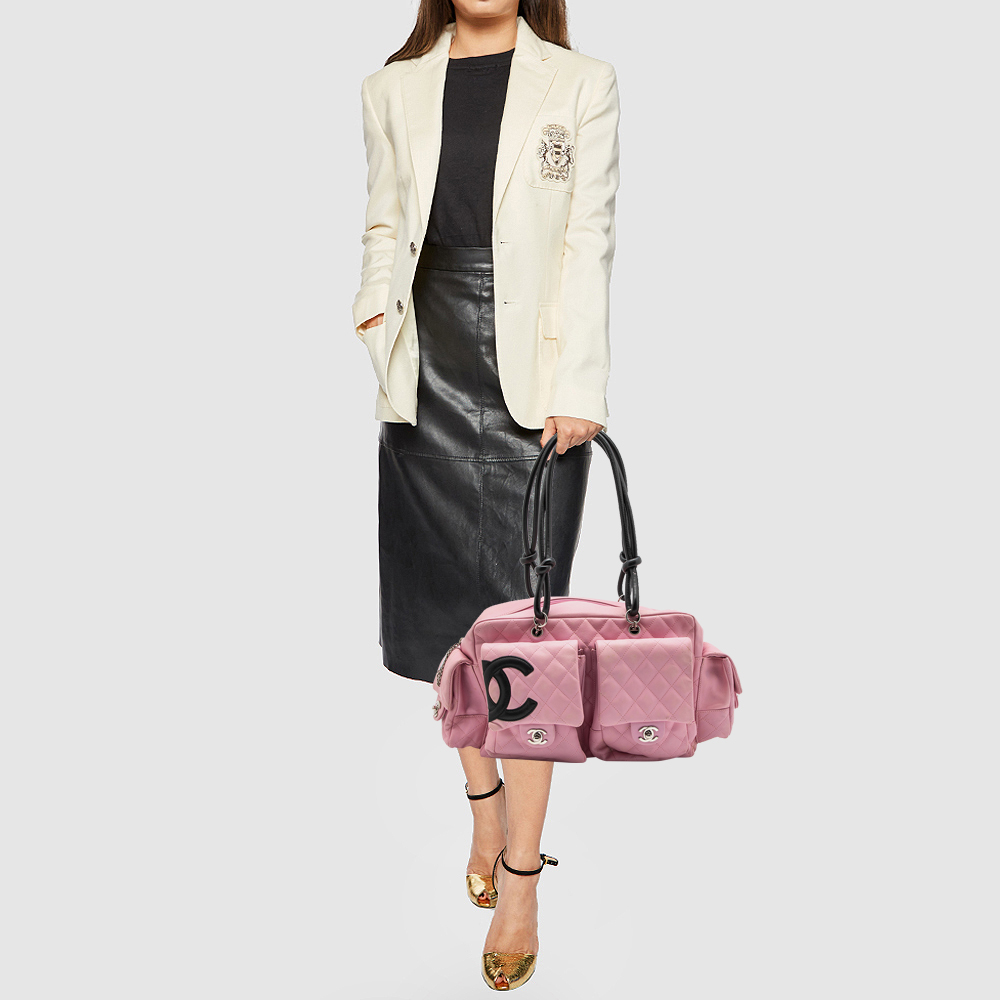 

Chanel Pink/Black Quilted Leather Ligne Cambon Reporter Bag
