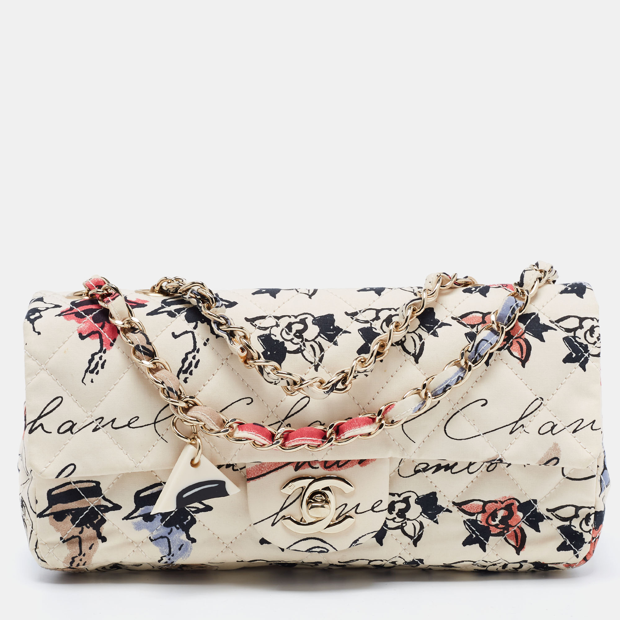 CHANEL  AIRPLANE PRINTED CANVAS WITH SILVER-TONE METAL SHOULDER
