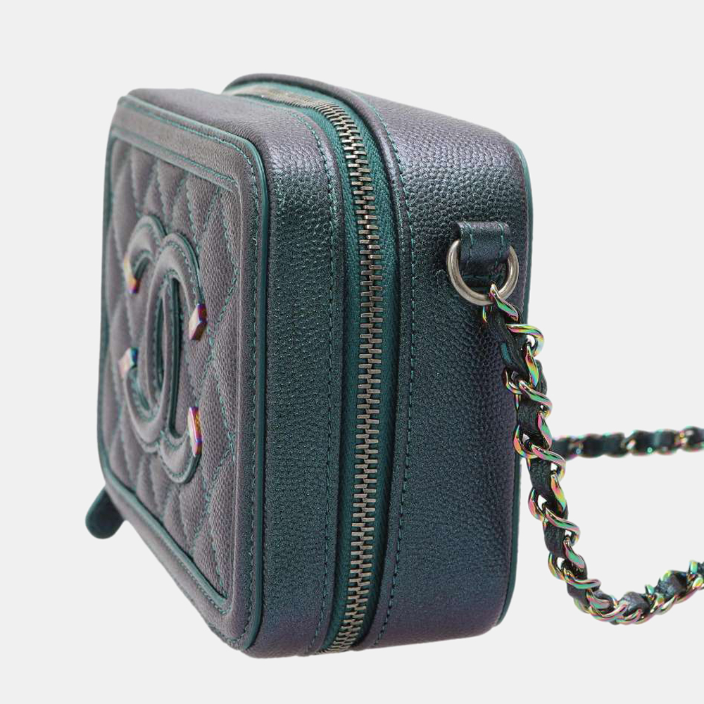 

Chanel Green Quilted Caviar Leather Small CC Filigree Vanity Case Bag