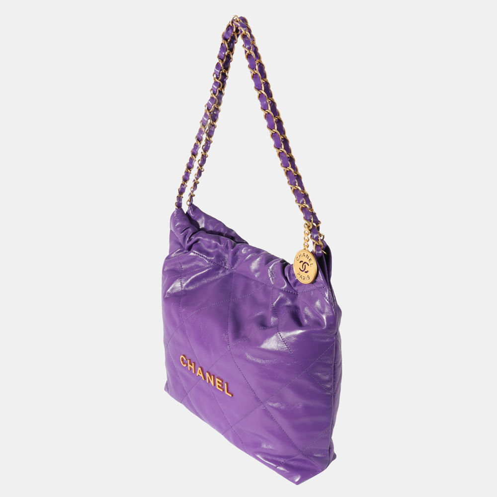 

Chanel Purple Calfskin Shiny Quilted 22 Hobo Bag