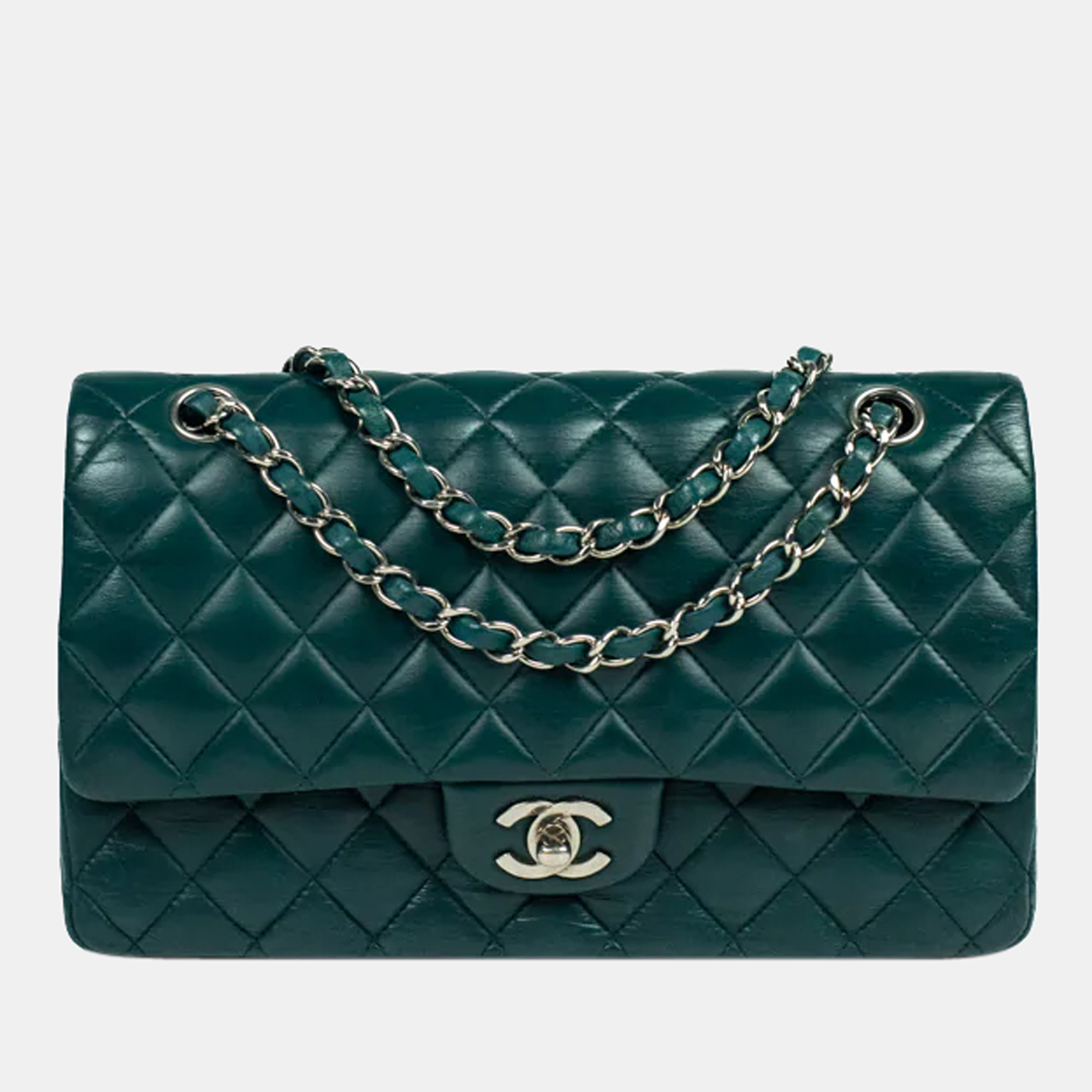 Pre-owned Chanel Green Leather Medium Classic Double Flap Shoulder Bag