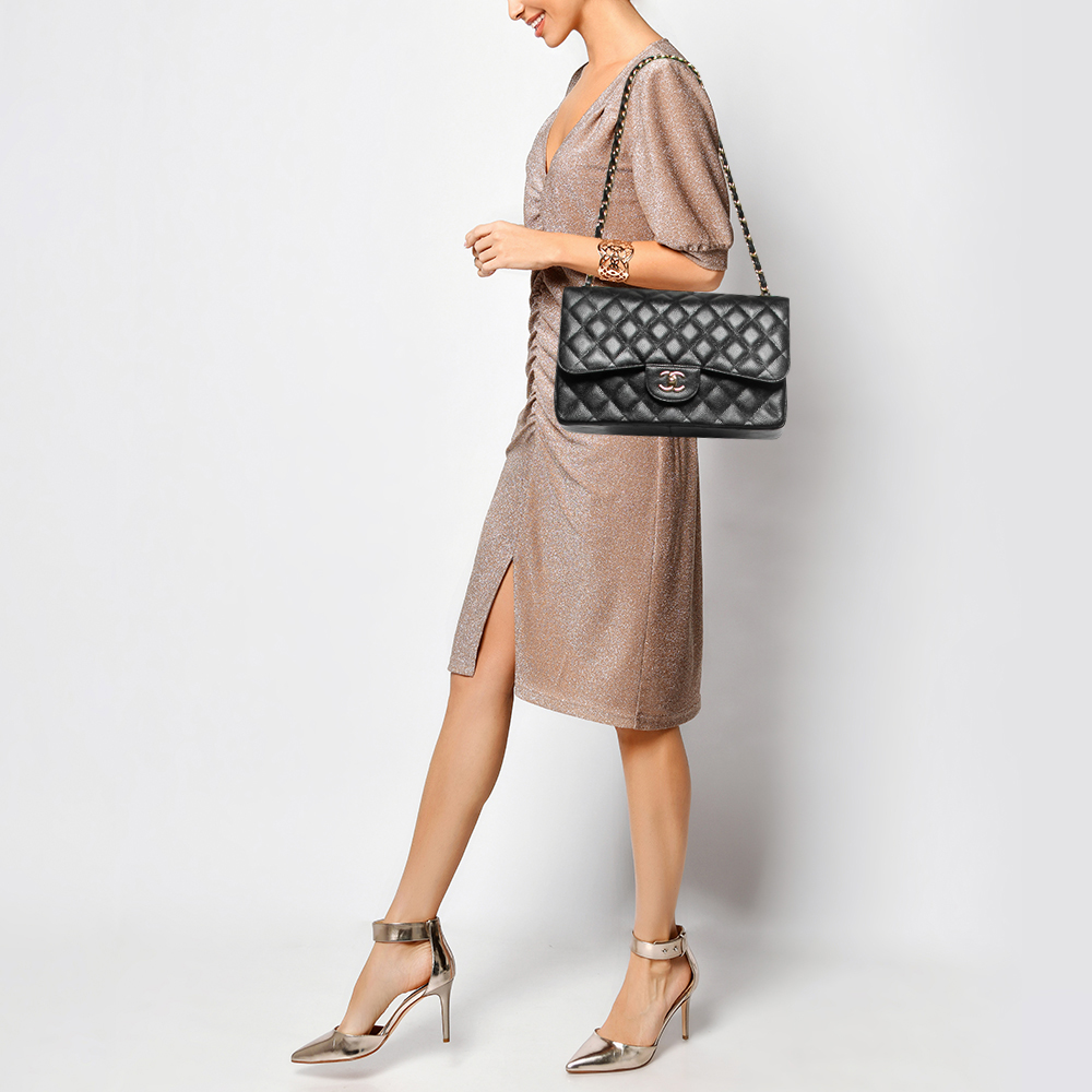 

Chanel Black Quilted Caviar Leather Jumbo Classic Double Flap Bag