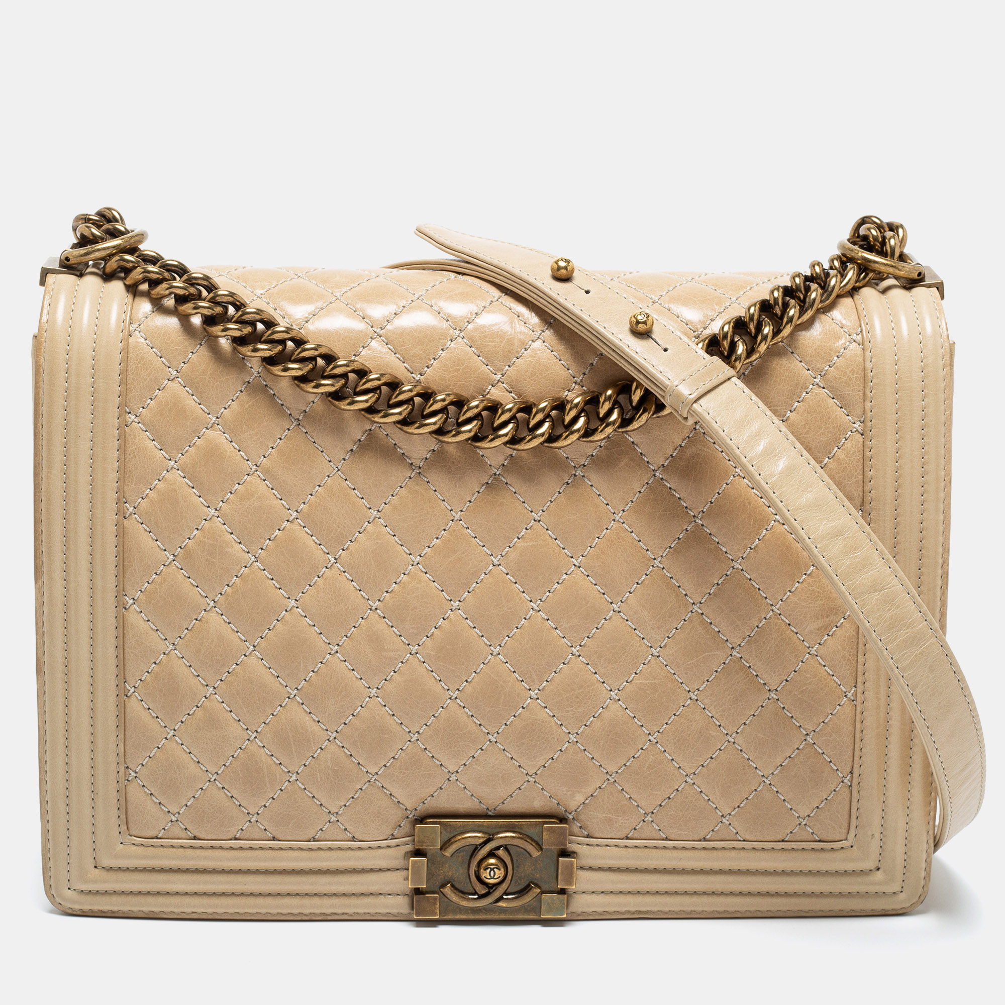 Pre Owned Chanel Two Tone Beige Quilted Glossy Leather Large Boy Flap Bag