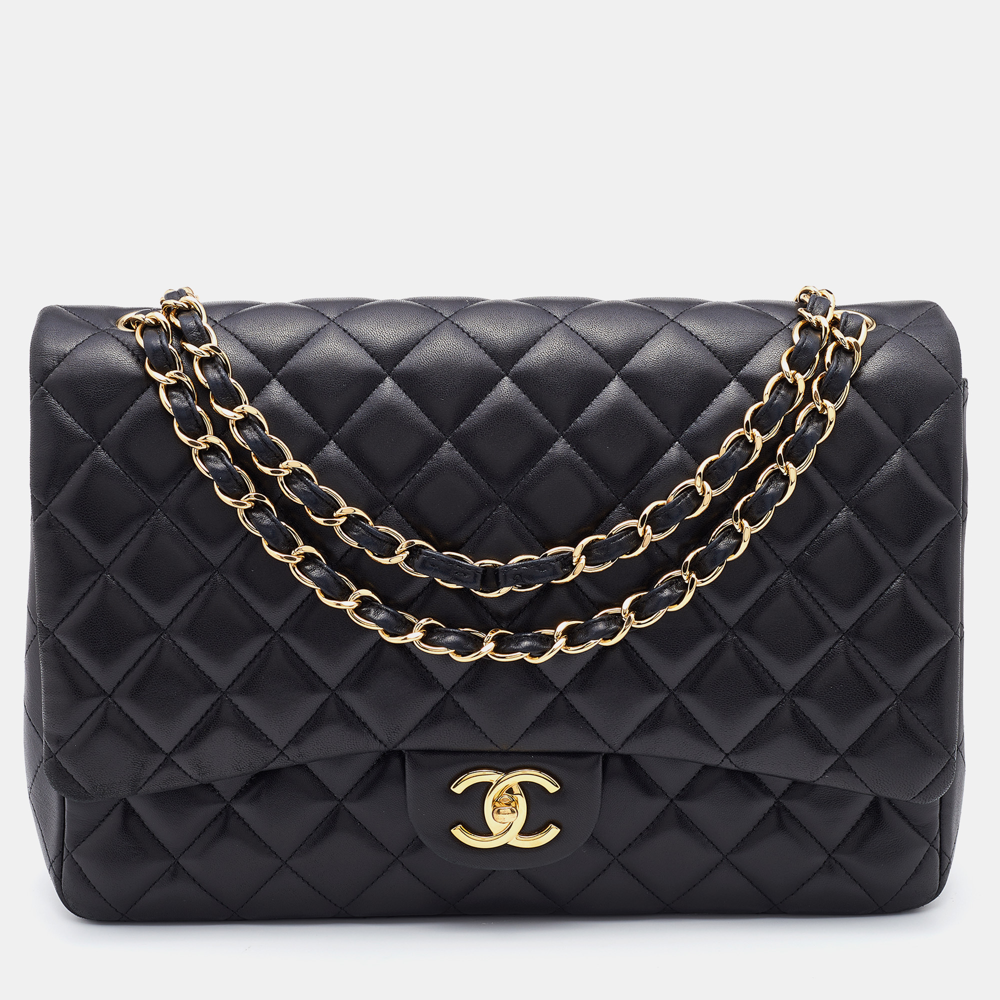 Pre Owned Chanel Black Quilted Leather Maxi Classic Double Flap Bag