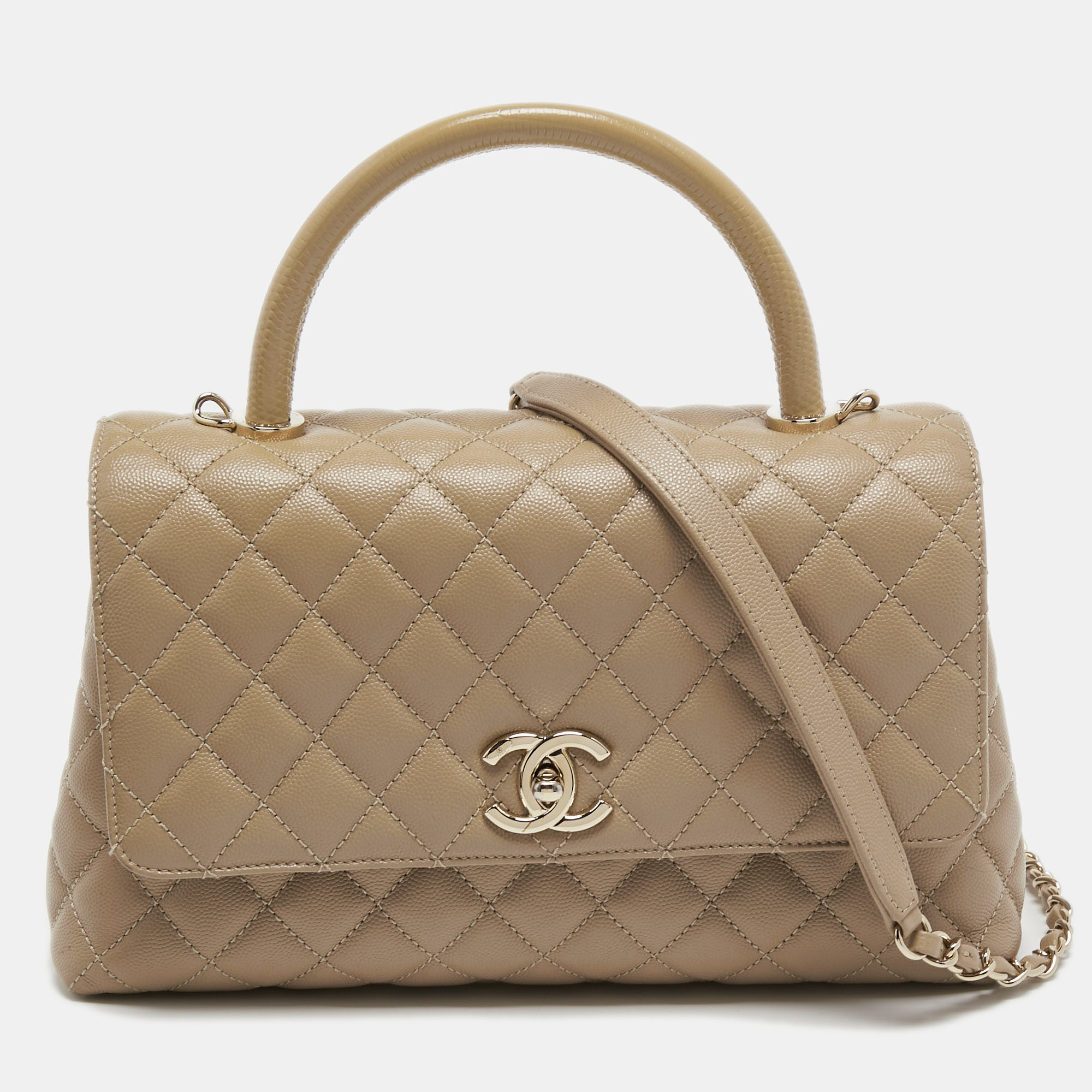 Pre Owned Chanel Beige Caviar Leather and Lizard Embossed Medium Coco Top Handle Bag