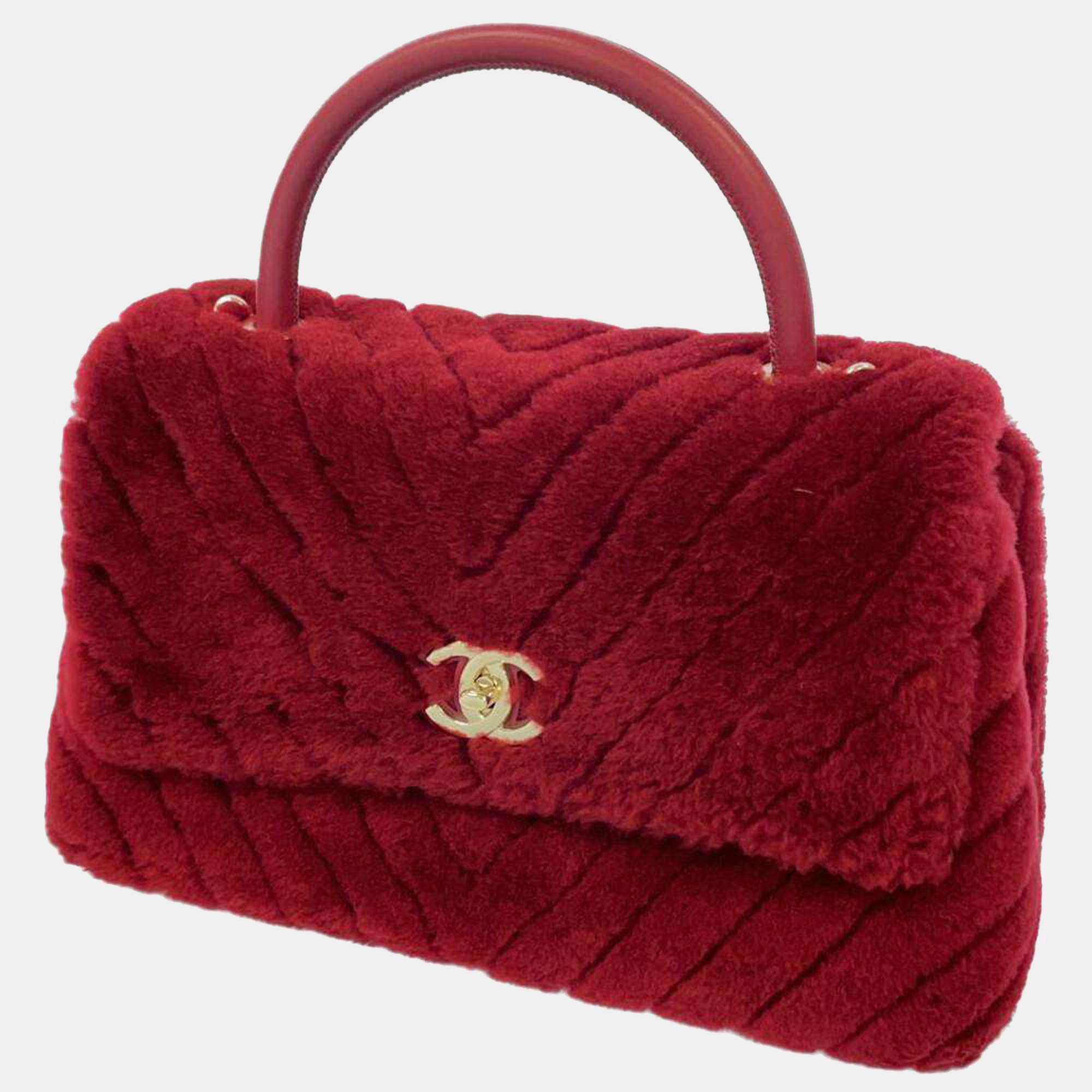 Pre Owned Chanel Red Shearling Top Handle Flap Bag