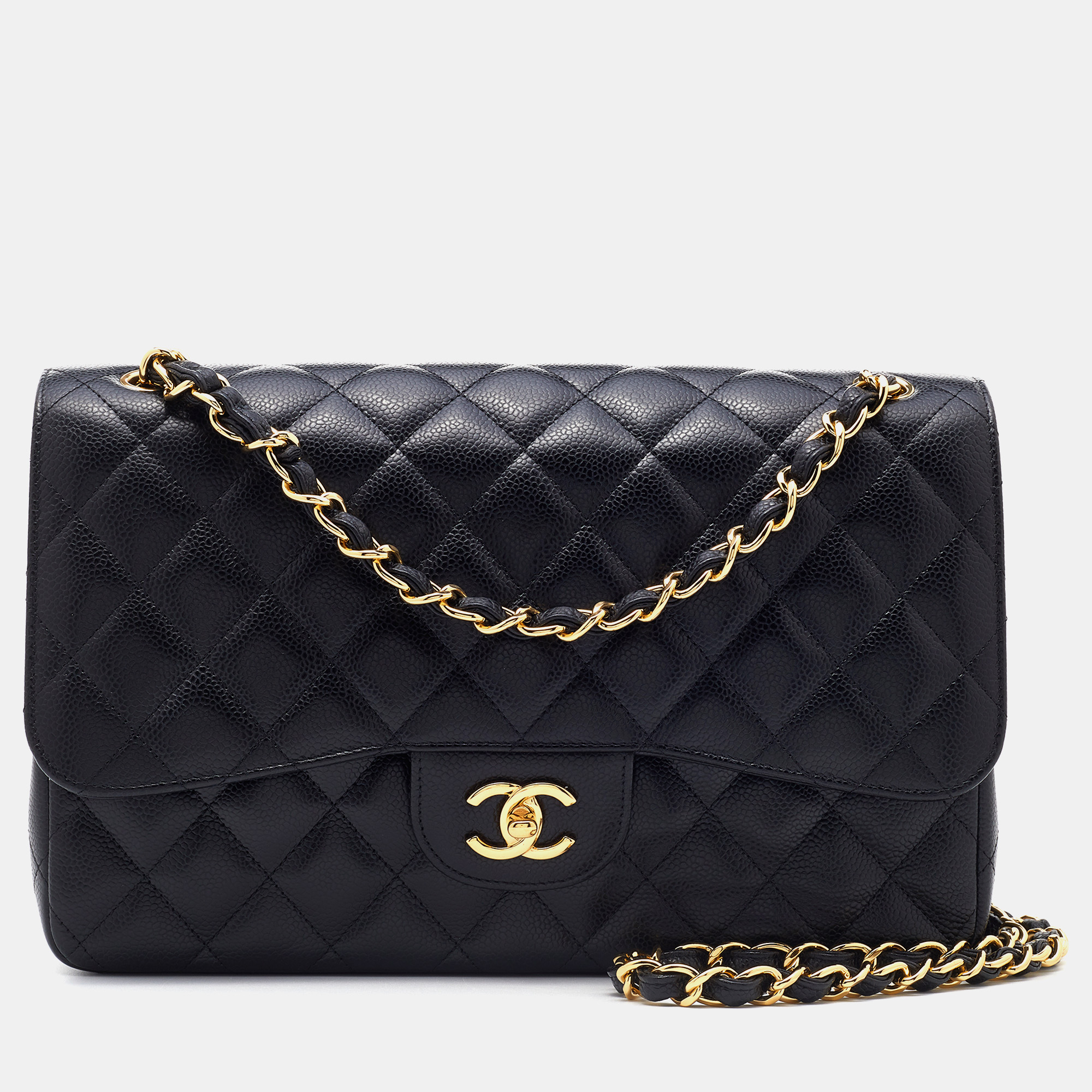 Pre Owned Chanel Black Quilted Caviar Leather Classic Jumbo Double Flap Bag