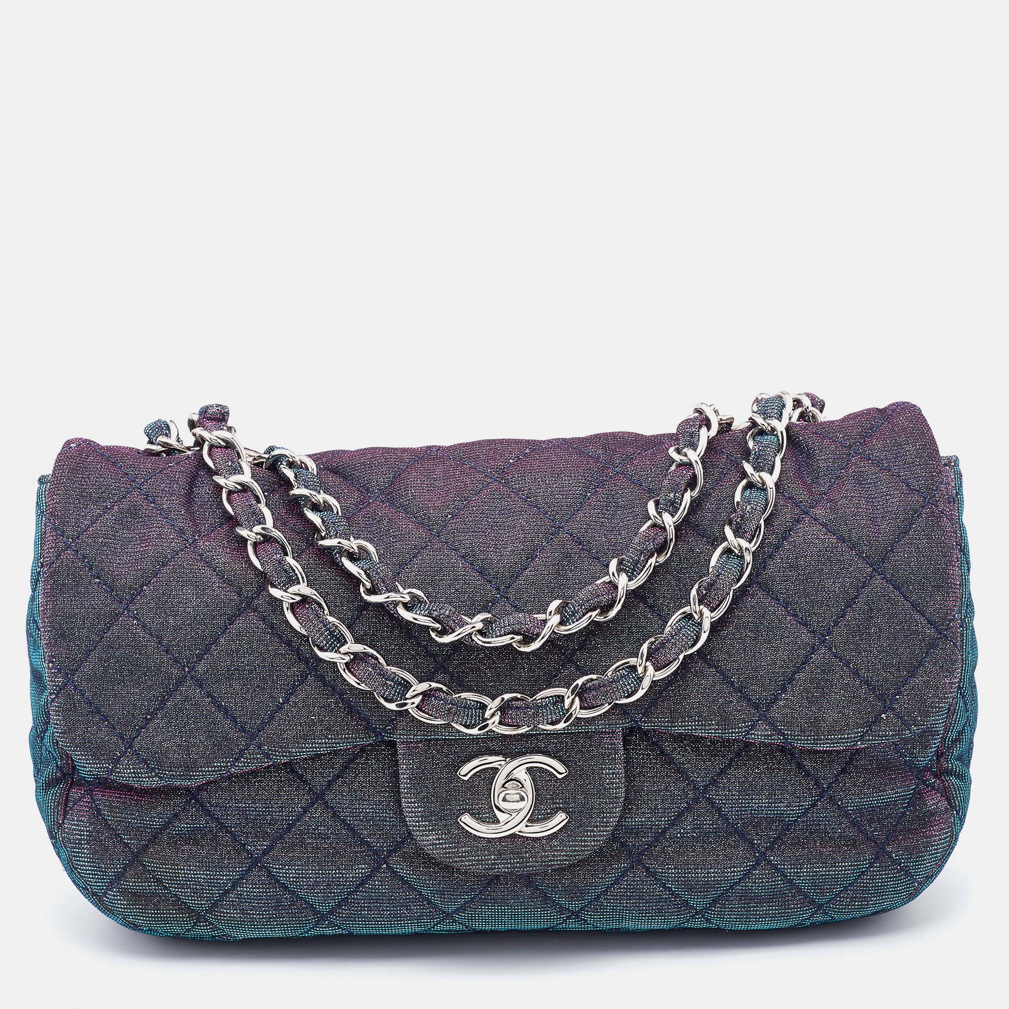 Pre Owned Chanel Multicolor Lurex Fabric Jumbo Classic Flap Bag