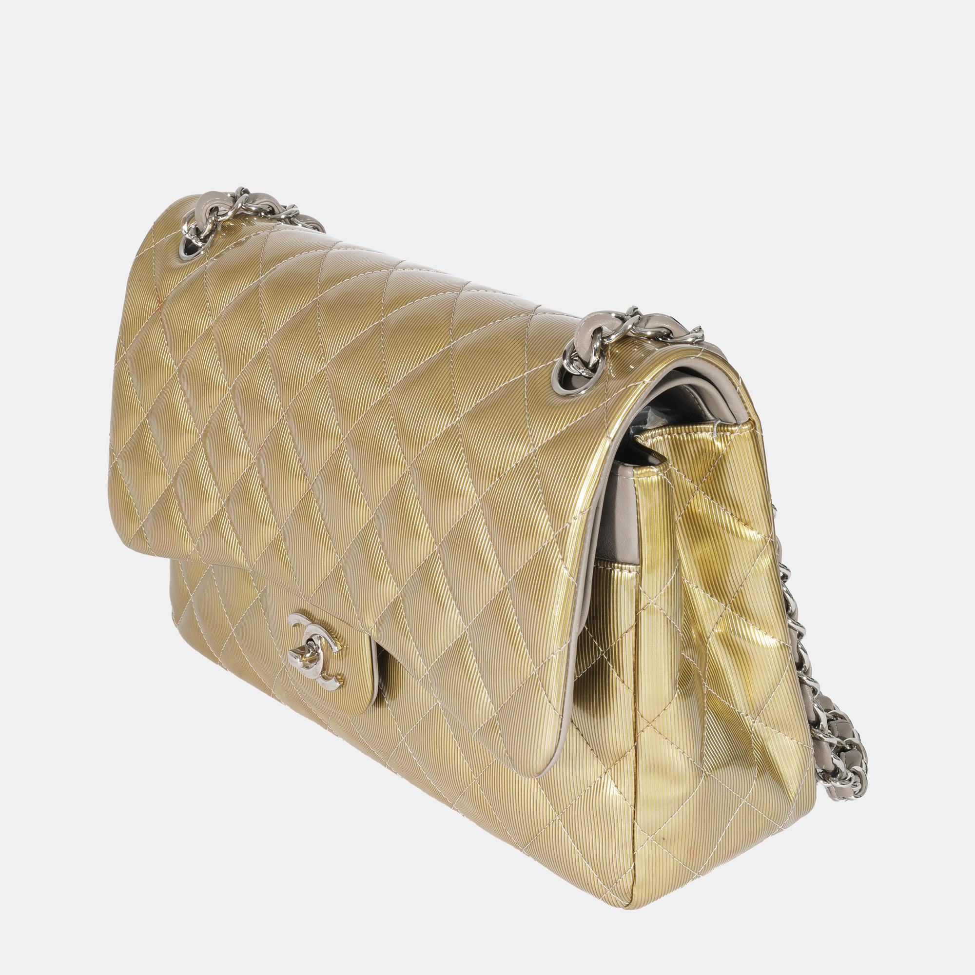 

Chanel Gold Patent Leather Jumbo Classic Flap Bag