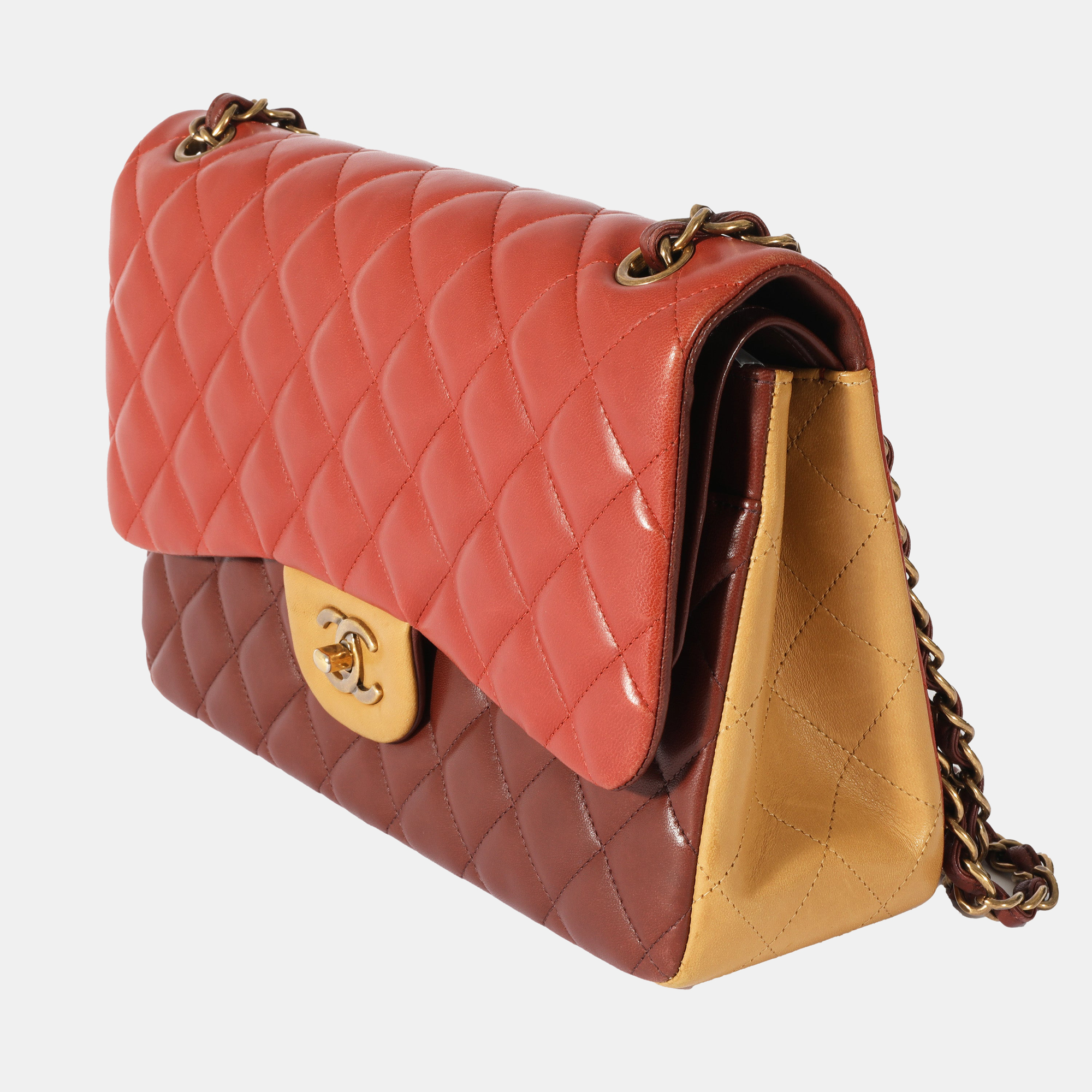 

Chanel Tri-Color Lambskin Jumbo Double Flap Bag, Brown