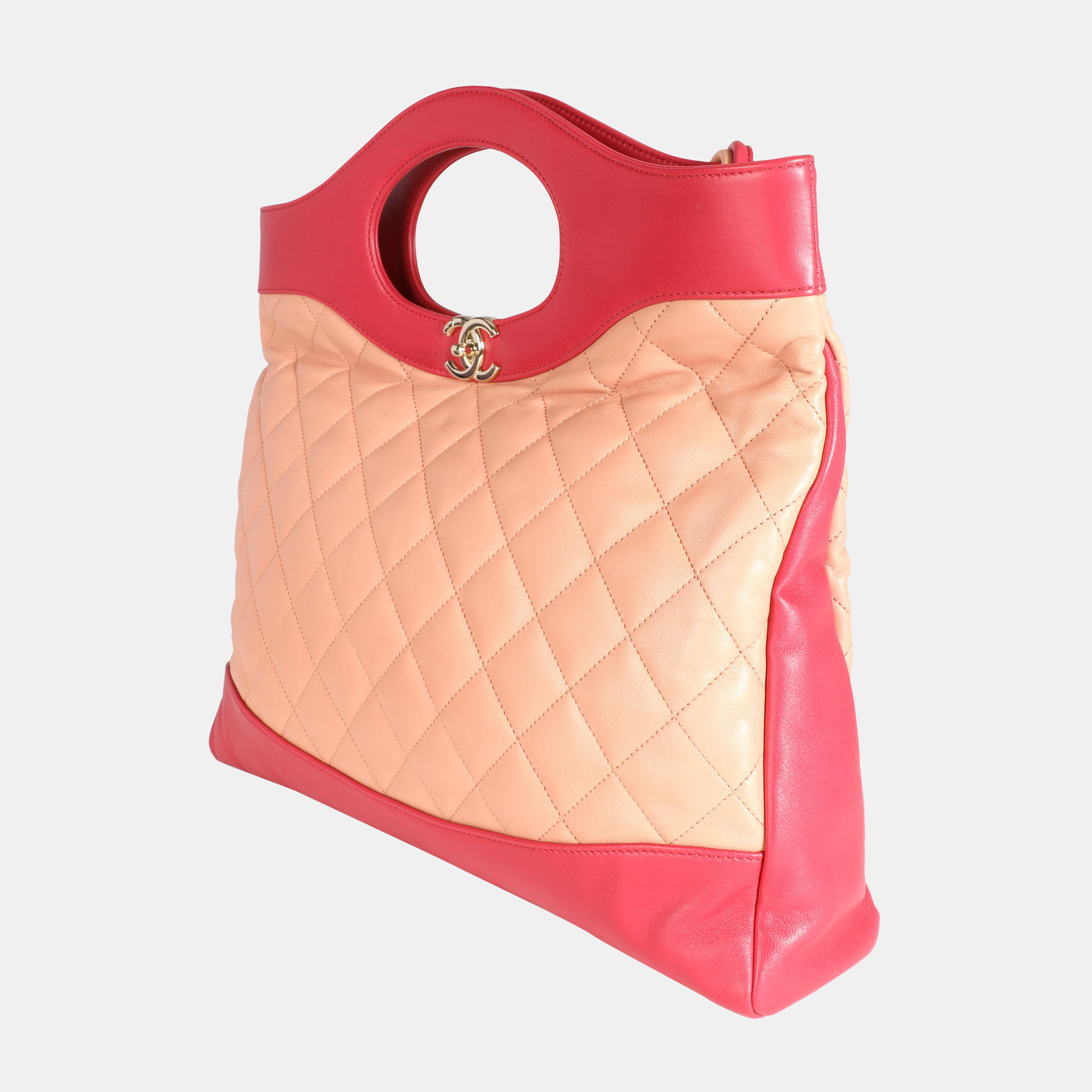 

Chanel Peach & Light Red Quilted Calfskin Large 31 Shopping Bag, Beige