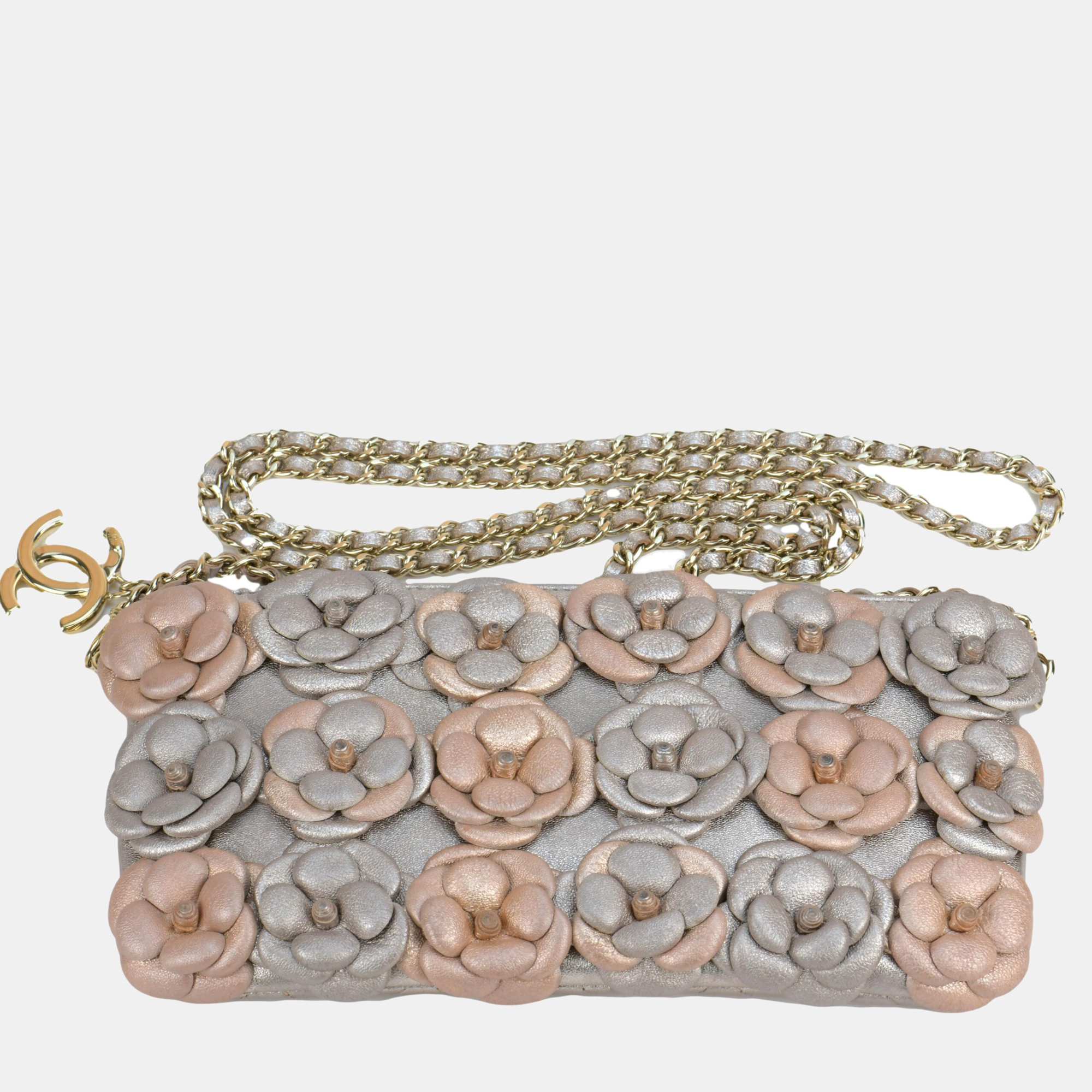 Pre-owned Chanel Limited Edition Camellia Embellished Lambskin Clutch With Chain In Multicolor