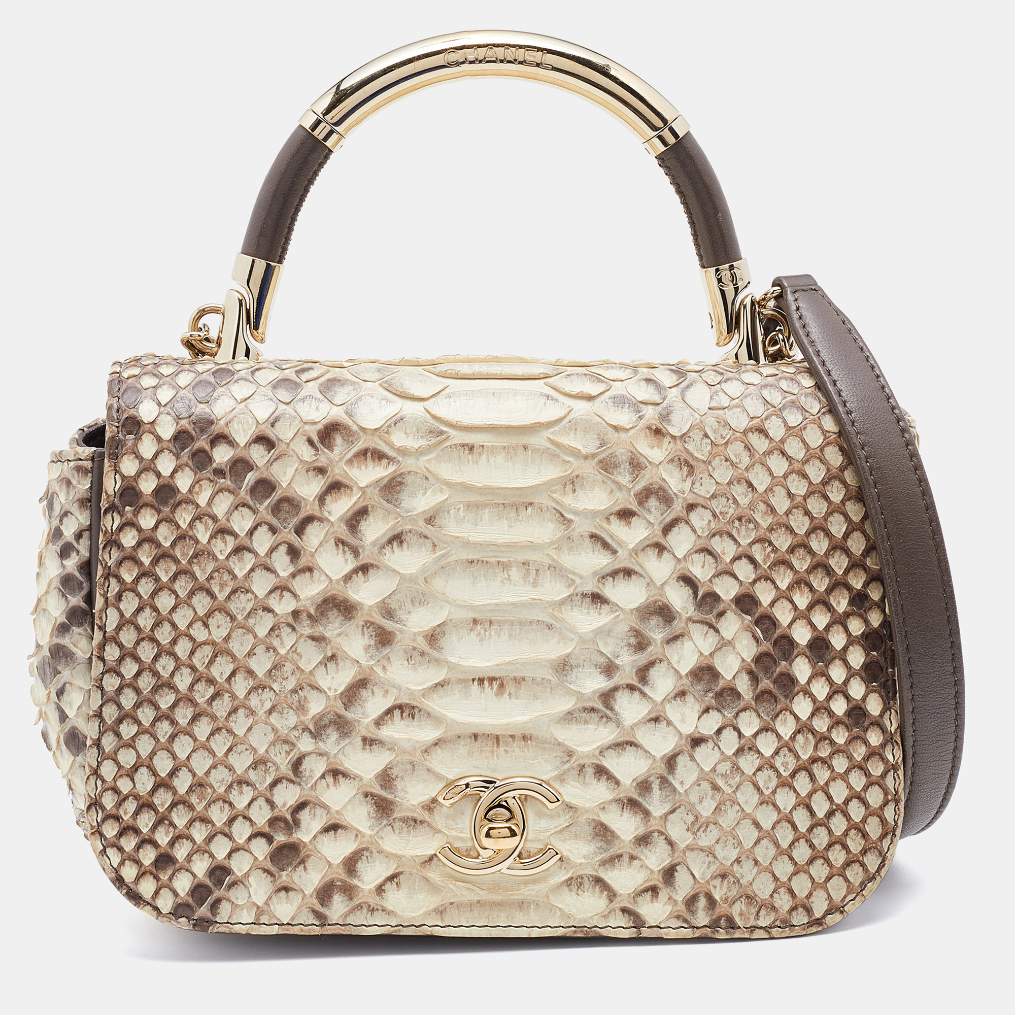 Pre Owned Chanel Cream/Brown Python Leather CC Carry Chic Flap Bag