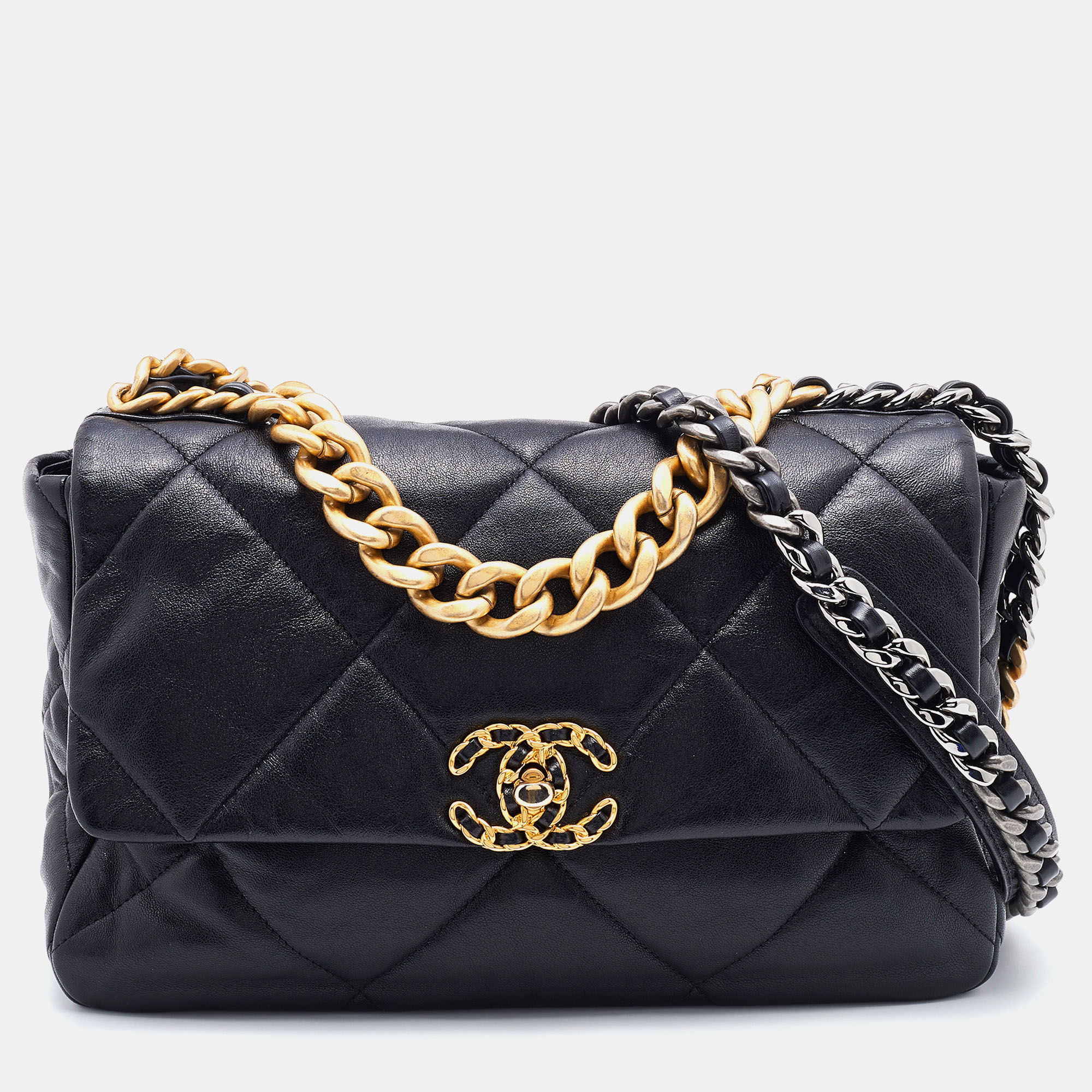 Pre-owned Chanel Black Quilted Leather Cc Chain Link 19 Flap Bag