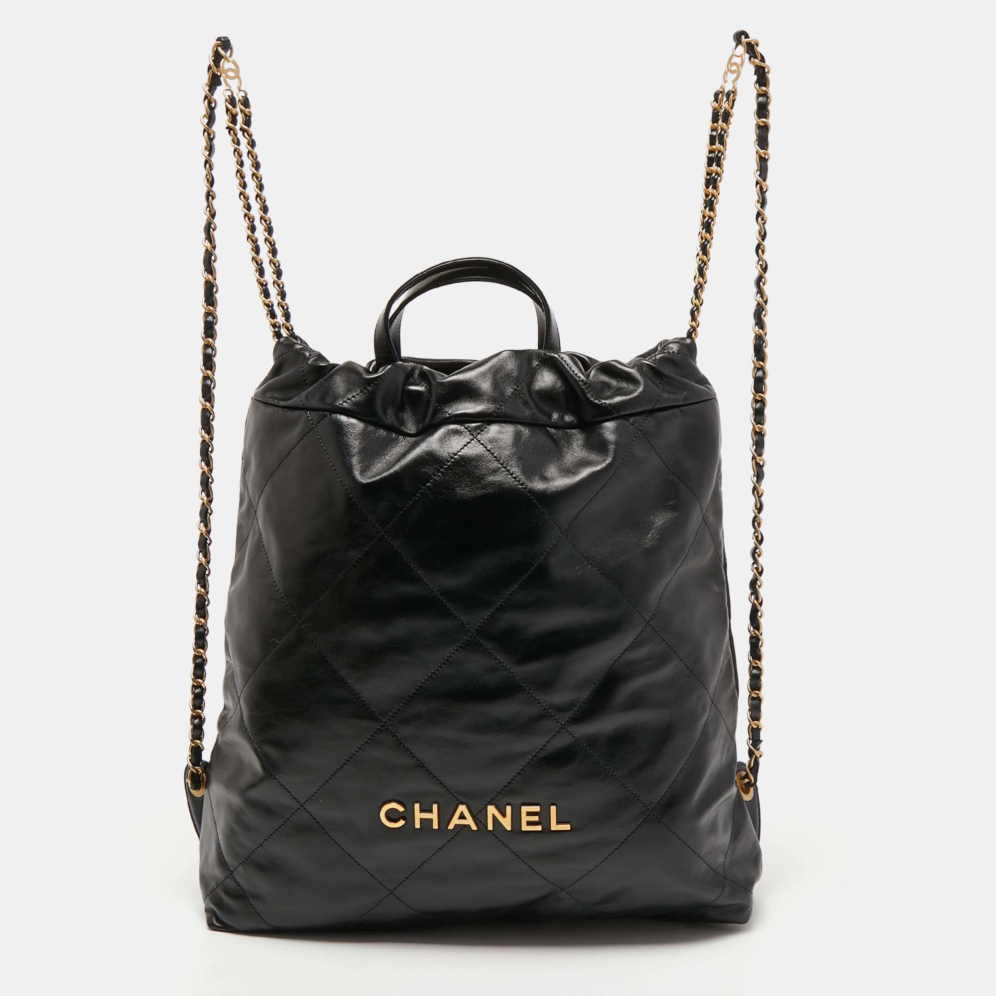 Pre Owned Chanel Black Shiny Quilted Leather 22 Backpack