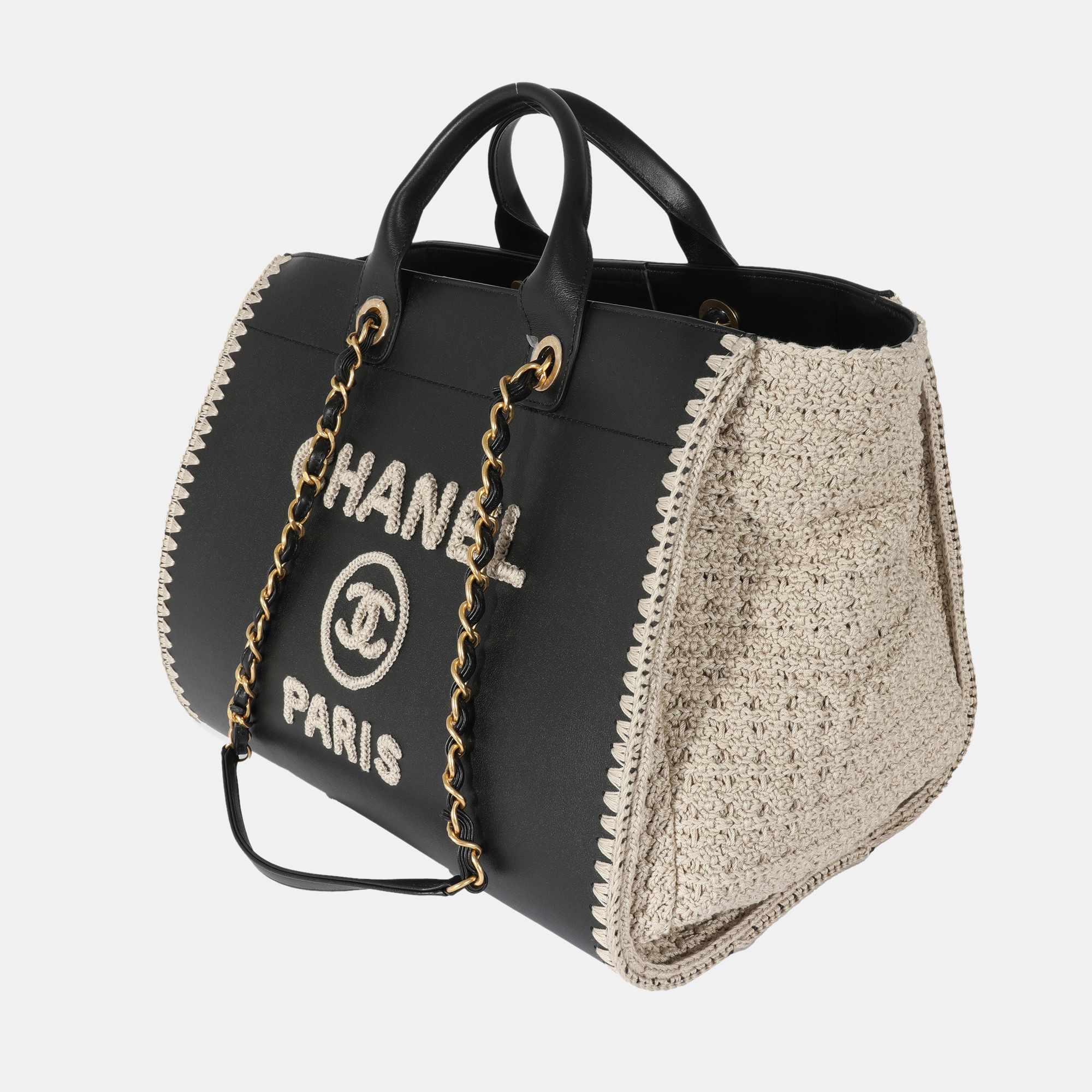 

Chanel Black/Beige Leather and Crochet Large Deauville Tote Bag