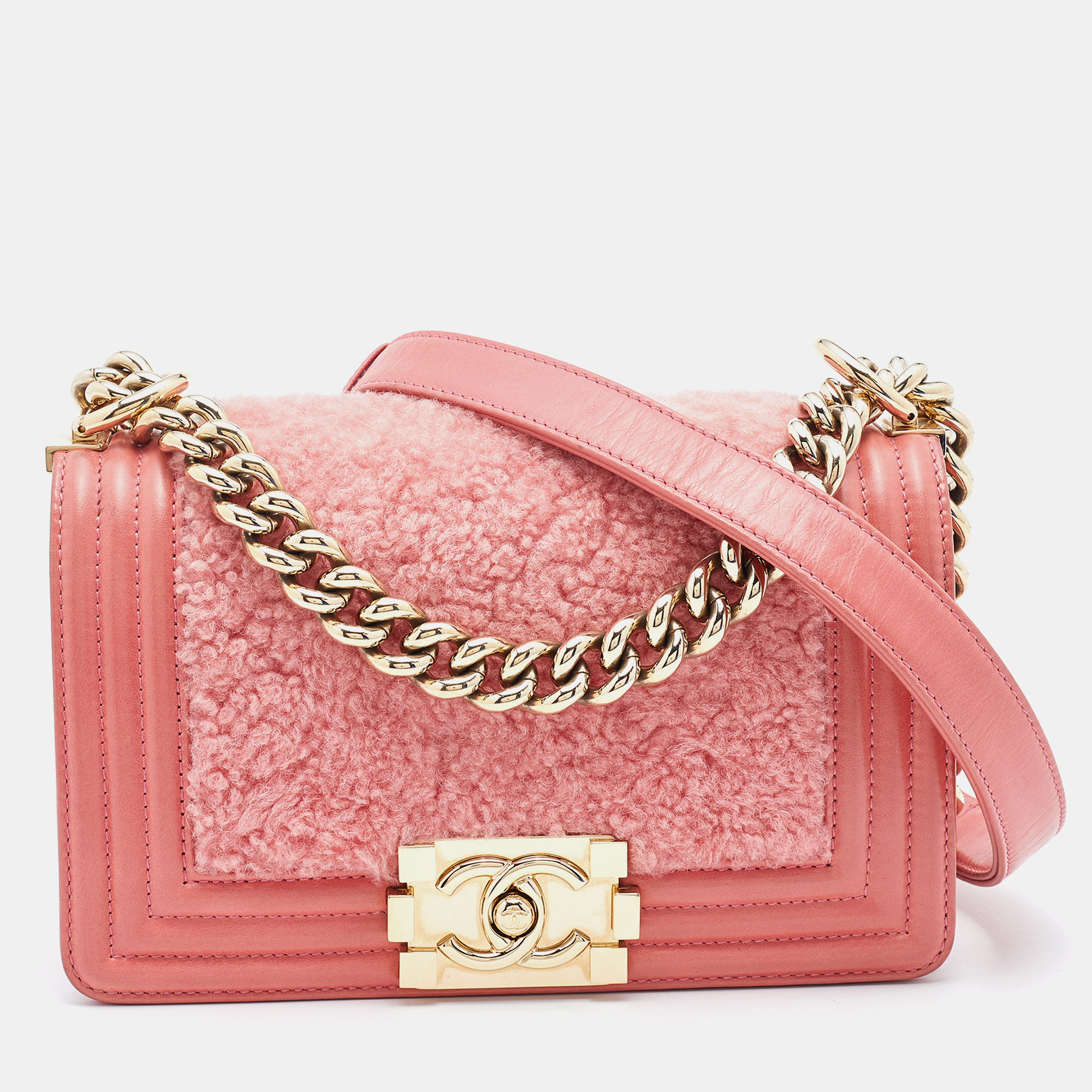 Pre Owned Chanel Rose Pink Leather and Shearling Small Boy Bag