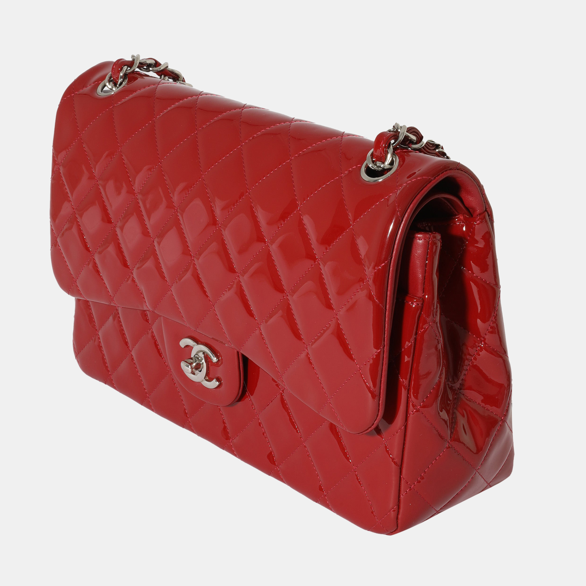 

Chanel Red Quilted Patent Leather Jumbo Classic Double Flap Shoulder Bag