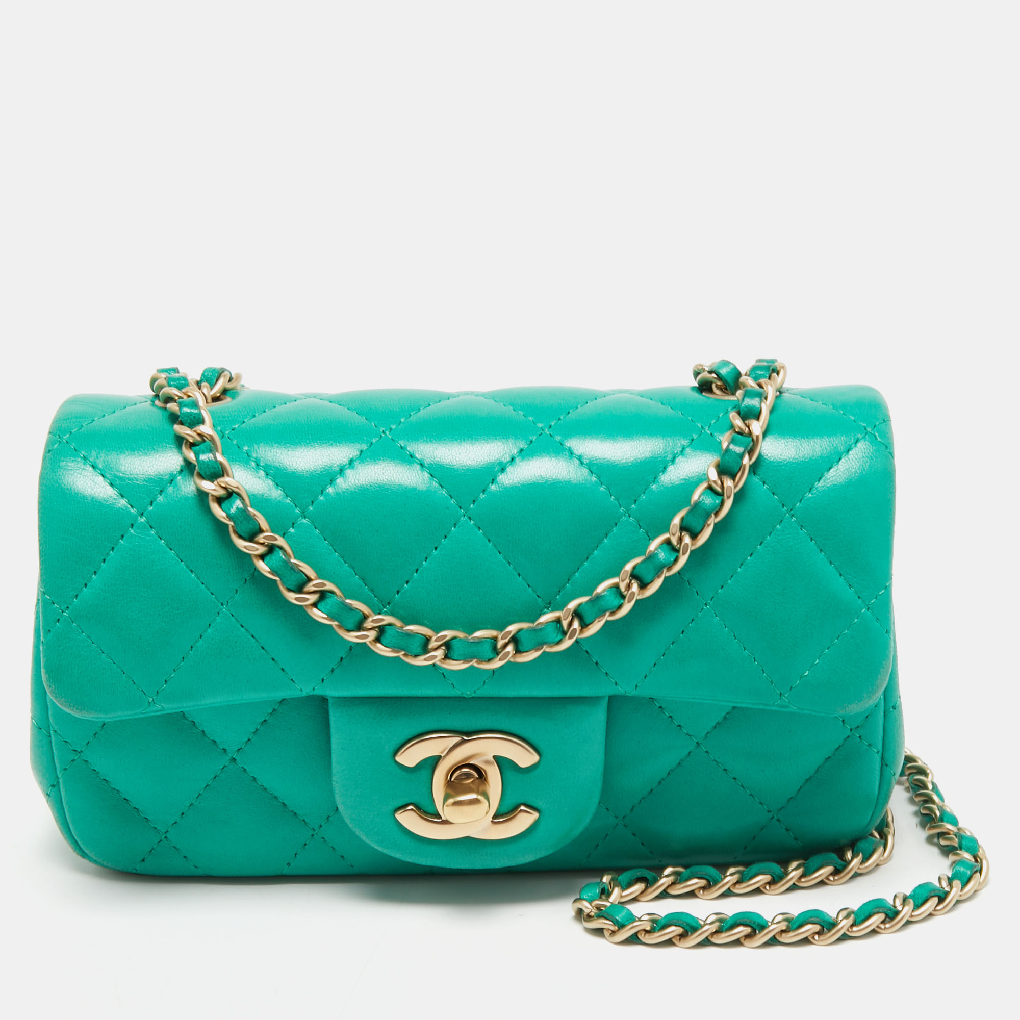 Pre Owned Chanel Green Quilted Leather Extra Mini Classic Flap Bag