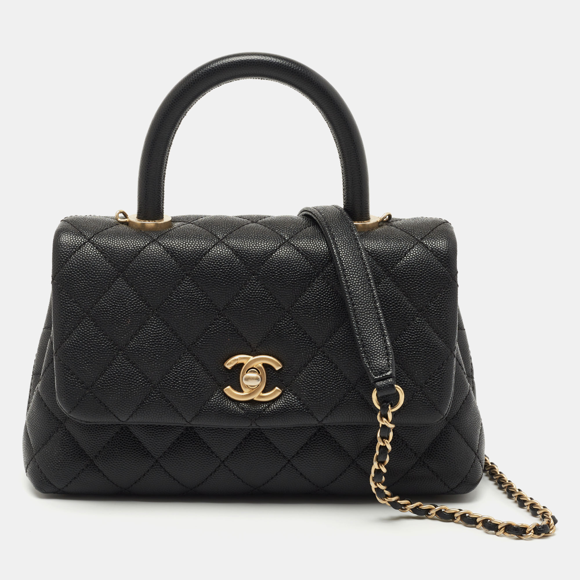 Pre Owned Chanel Black Quilted Caviar Leather Small Coco Top Handle Bag