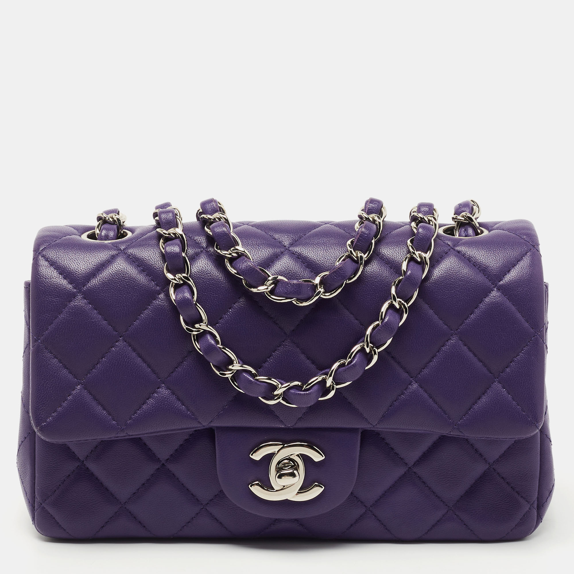 Pre Owned Chanel Purple Quilted Leather Mini Rectangle Classic Single Flap Bag