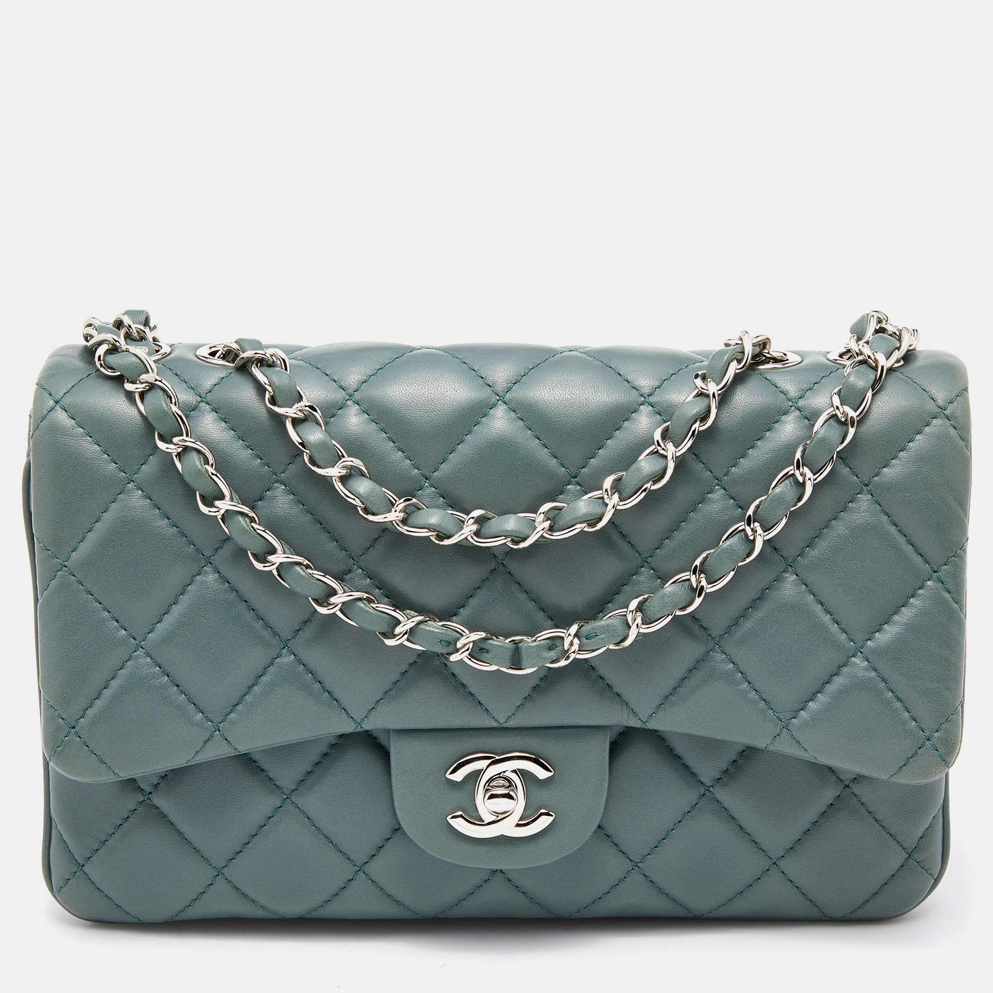 Pre Owned Chanel Teal Quilted Leather Medium 3 Accordion Flap Bag
