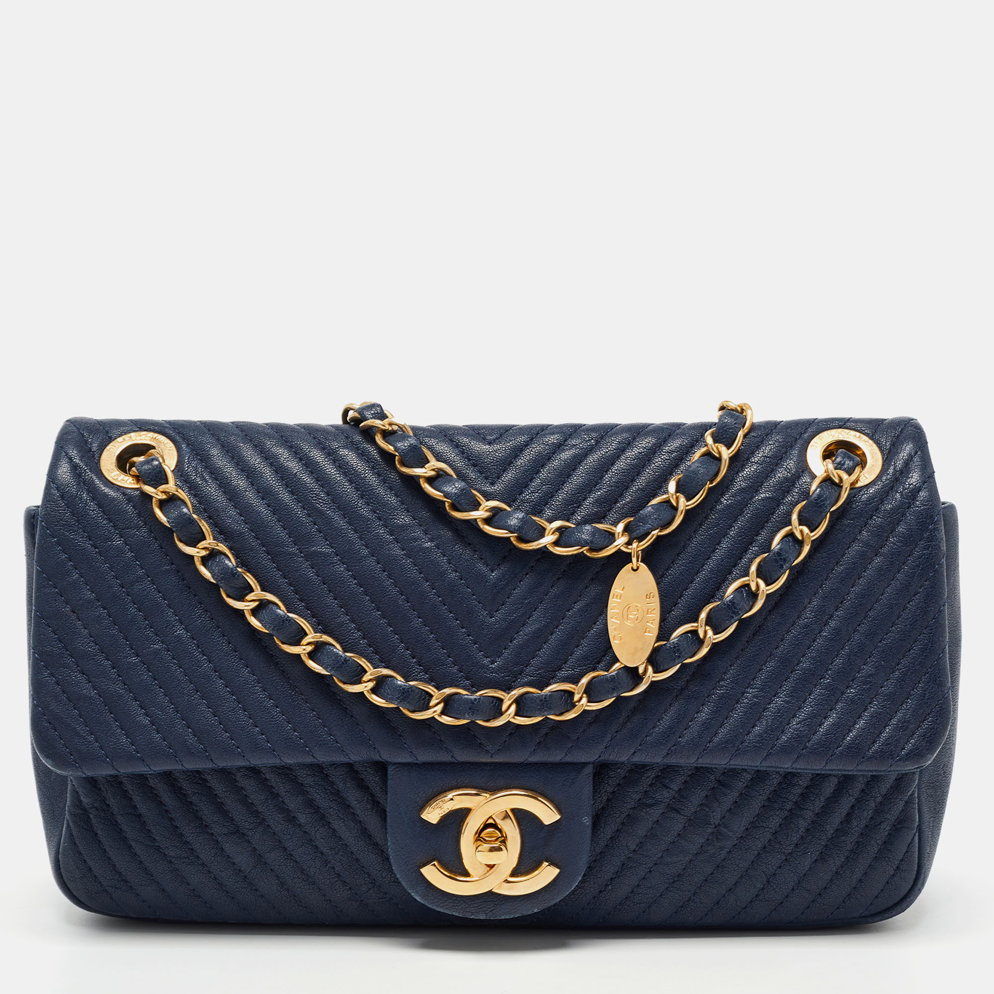 Pre-owned Chanel Navy Blue Chevron Leather Medallion Charm Flap Bag