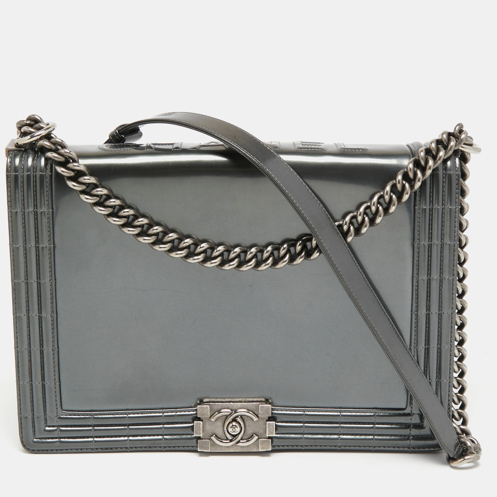Pre Owned Chanel Grey Patent Leather Large Reverso Boy Flap Bag