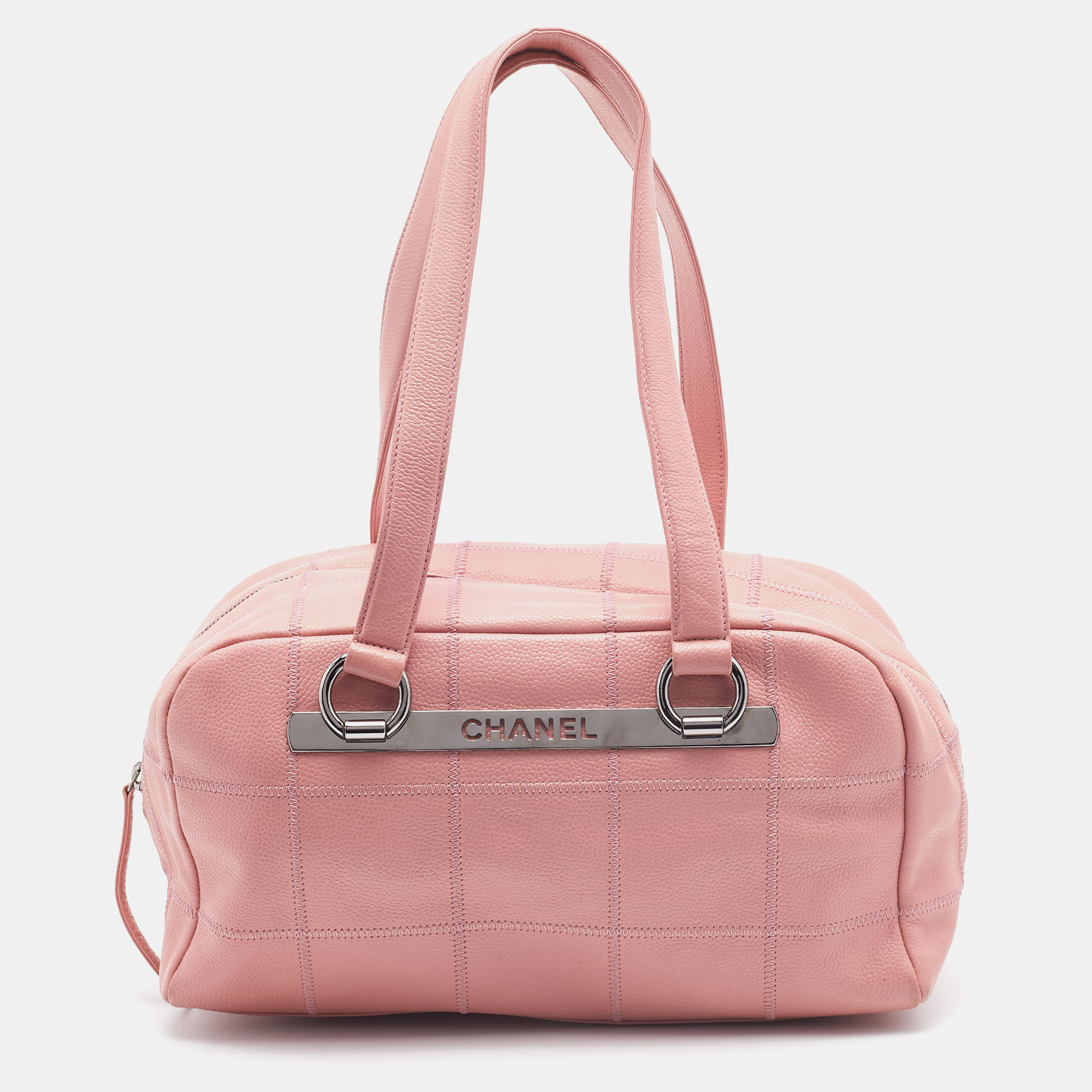 Pre Owned Chanel Pink Leather Square Quilt LAX Bowler Bag