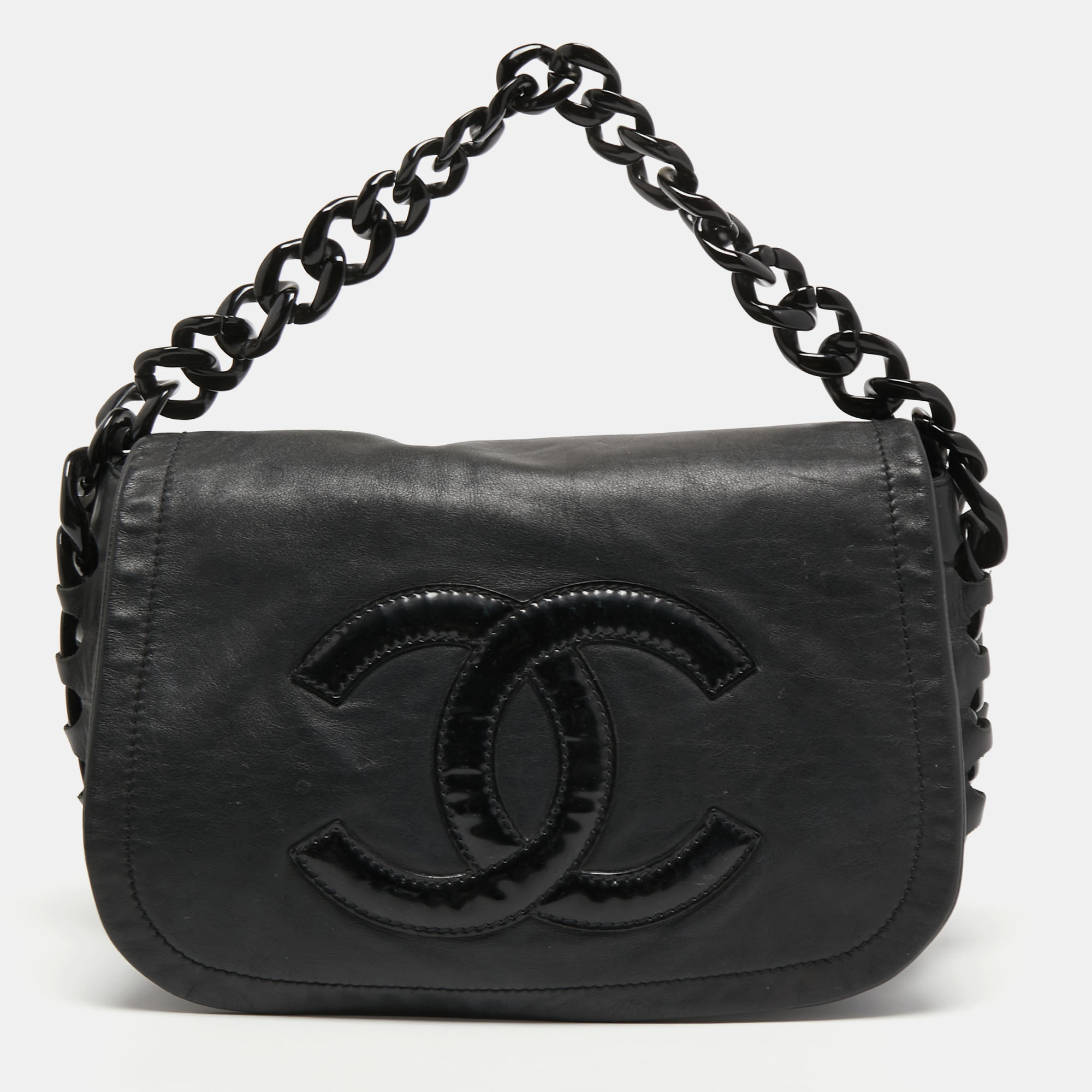 Pre Owned Chanel Black Leather Modern Chain Rhodoid Flap Bag 