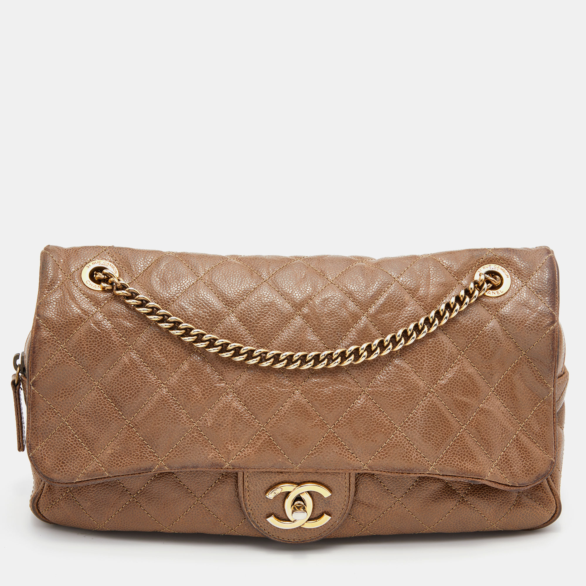 Pre Owned Chanel Brown Quilted Crumpled Caviar Leather Large Shiva Flap Bag