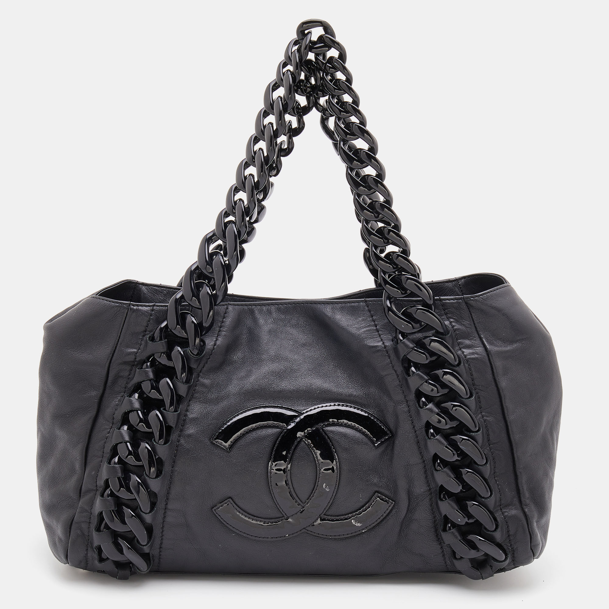 Pre Owned Chanel Black Leather Modern Chain Rhodoid East West Tote