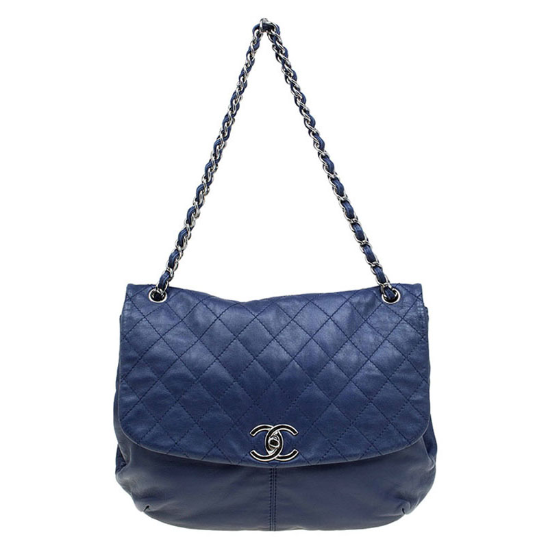 Pre Owned Chanel Blue Quilted Leather CC Shoulder Flap Bag