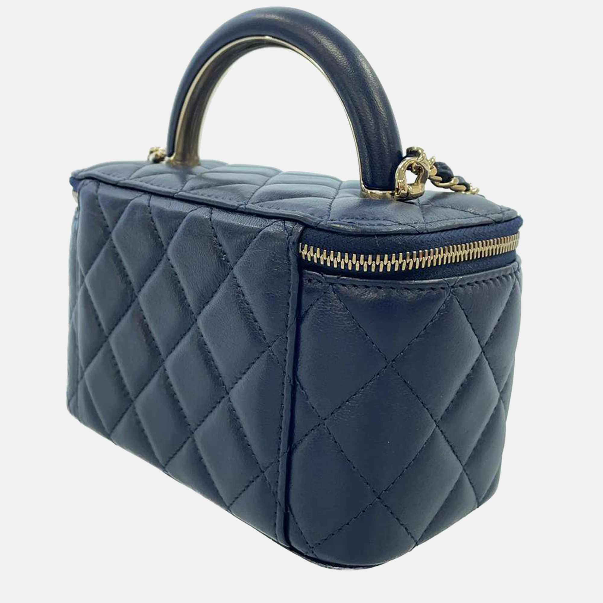 

Chanel Blue Leather Small Top Handle Vanity Case w/ Chain, Navy blue