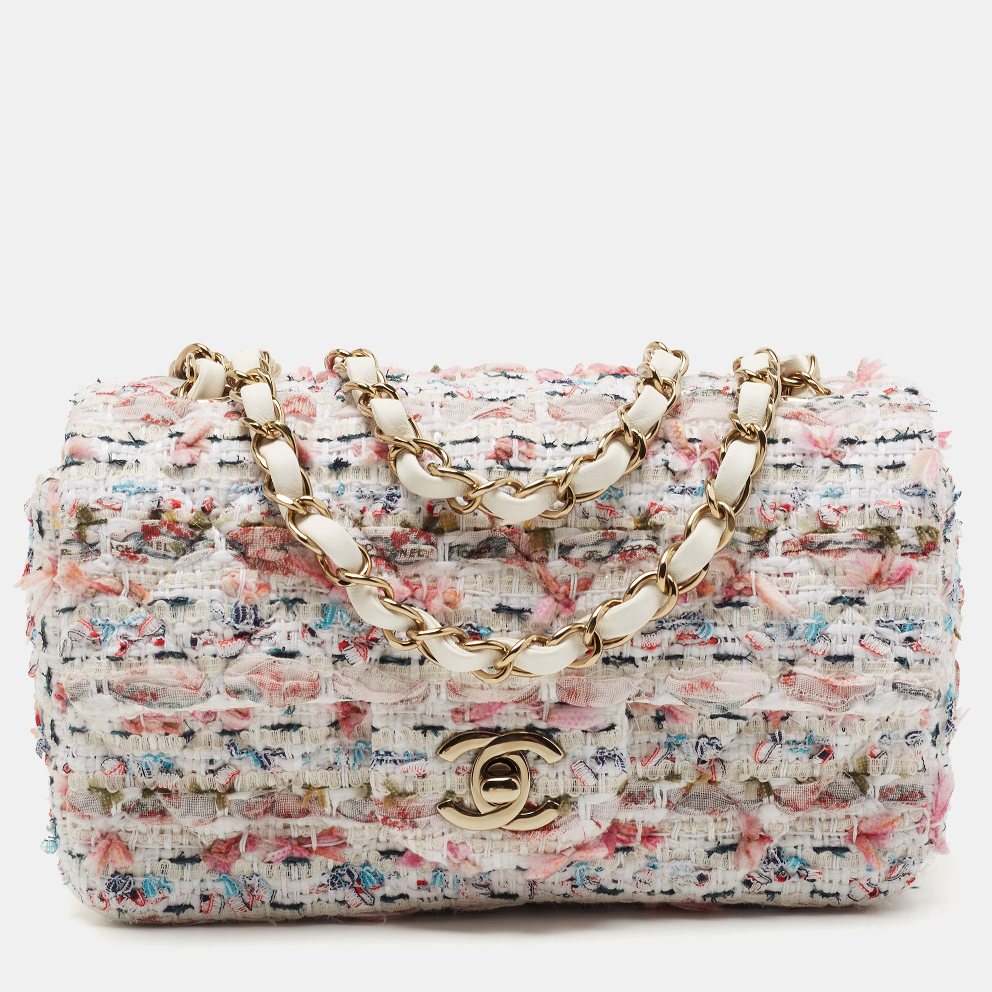 Pre Owned Chanel White/Multiicolor Quilted Tweed New Mini Classic Flap Bag