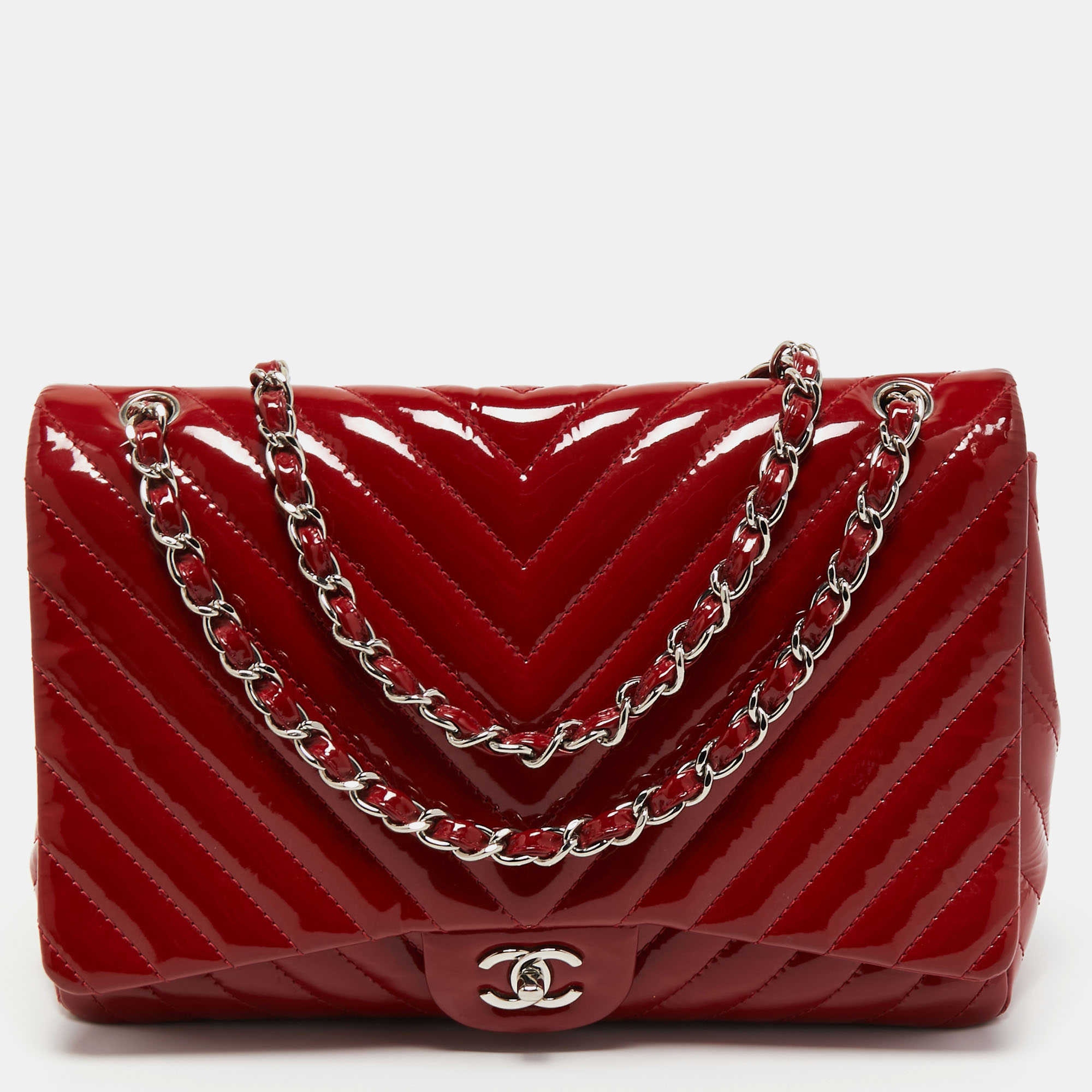 Pre Owned Chanel Red Chevron Patent Leather Maxi Classic Single Flap Bag