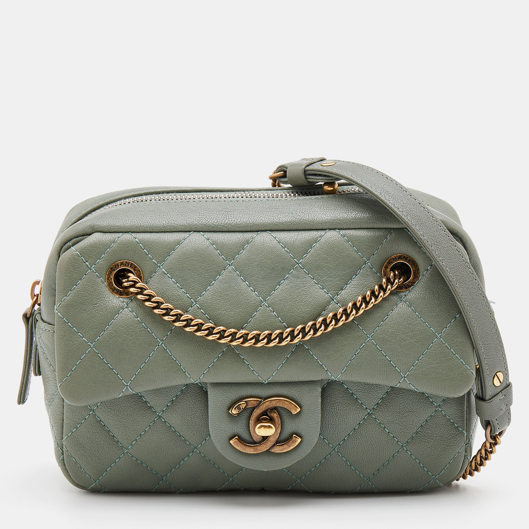 Chanel Green Quilted Leather Camera Case Flap Bag