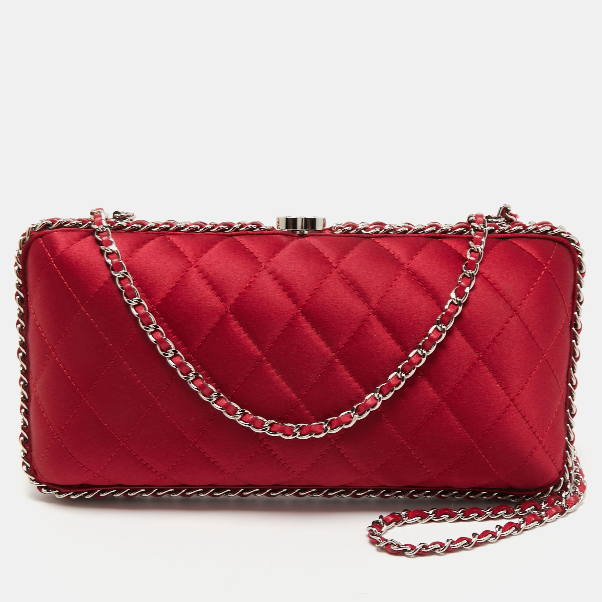 Pre Owned Chanel Maroon Quilted Satin Chain Around Clutch
