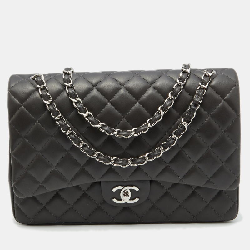 Pre Owned Chanel Dark Grey Quilted Leather CC Maxi Classic Double Flap Bag