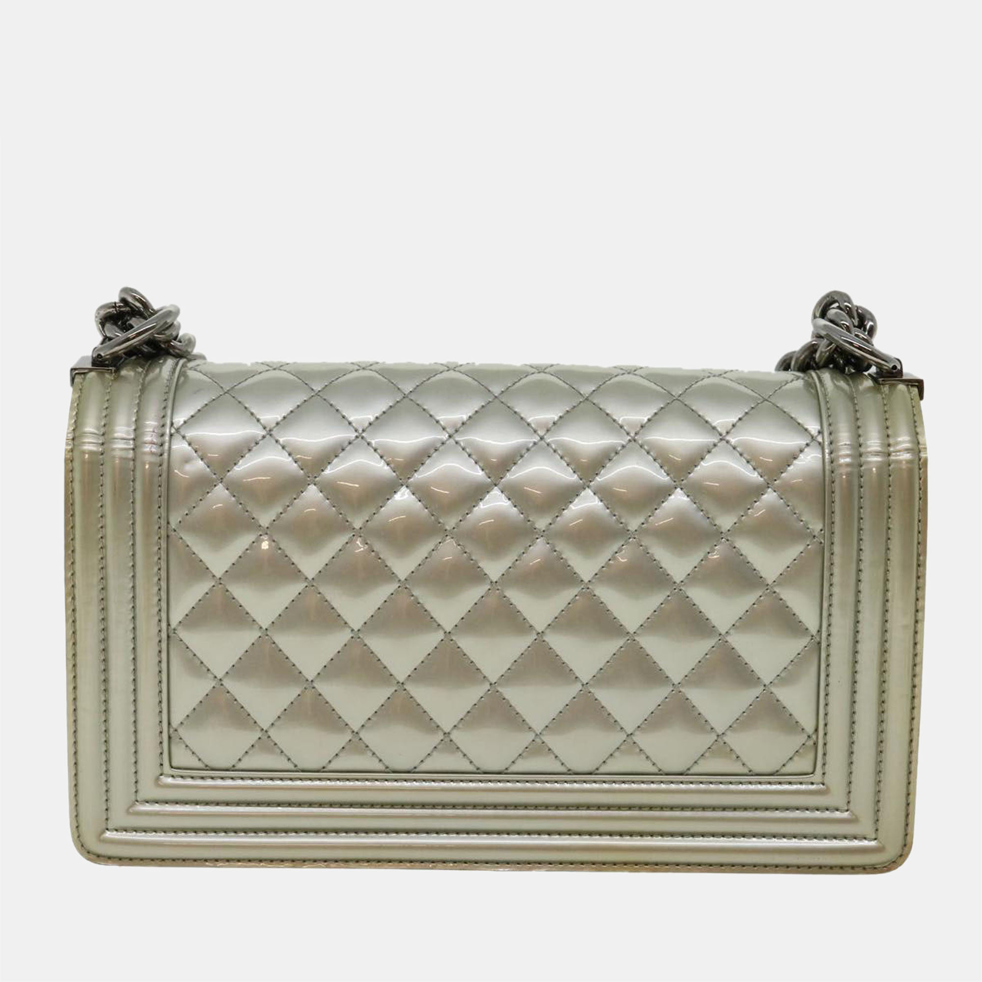 

Chanel Silver Patent Leather Medium Boy Shoulder Bag