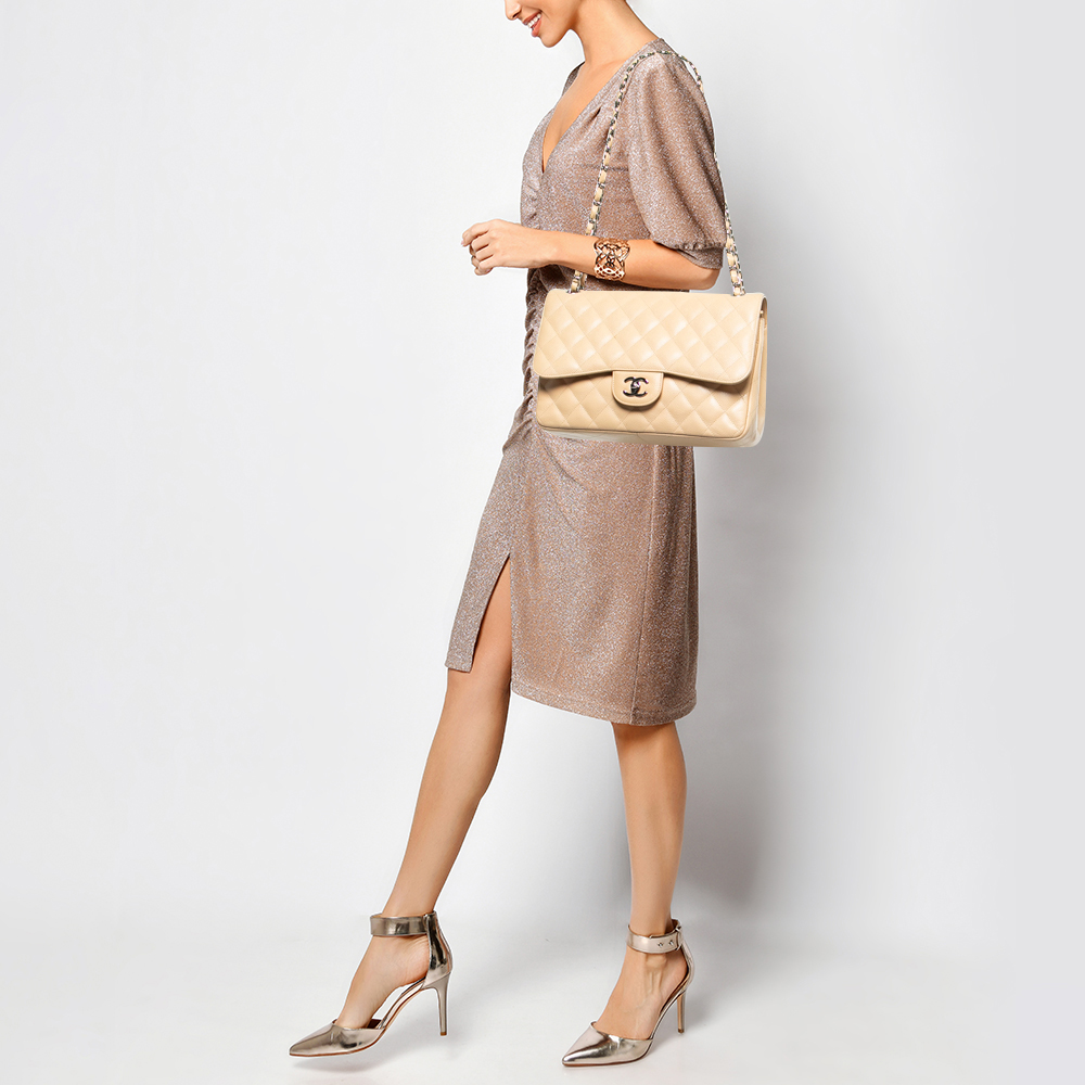 

Chanel Beige Quilted Caviar Leather Jumbo Classic Double Flap Bag