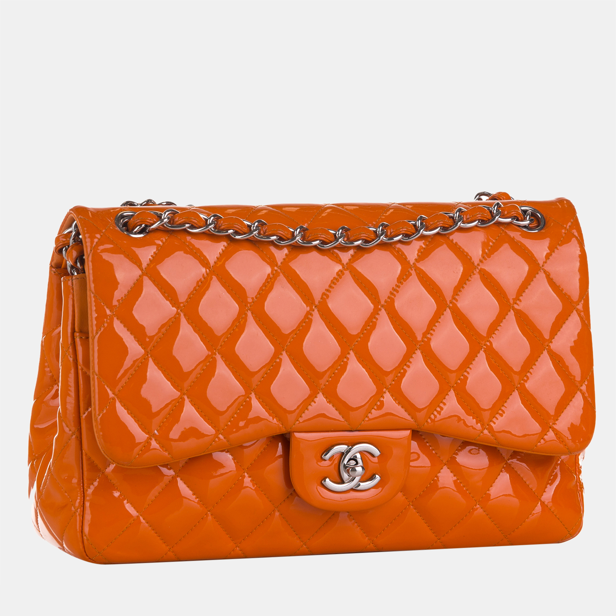 

Chanel Orange Jumbo Classic Patent Double Flap Bag