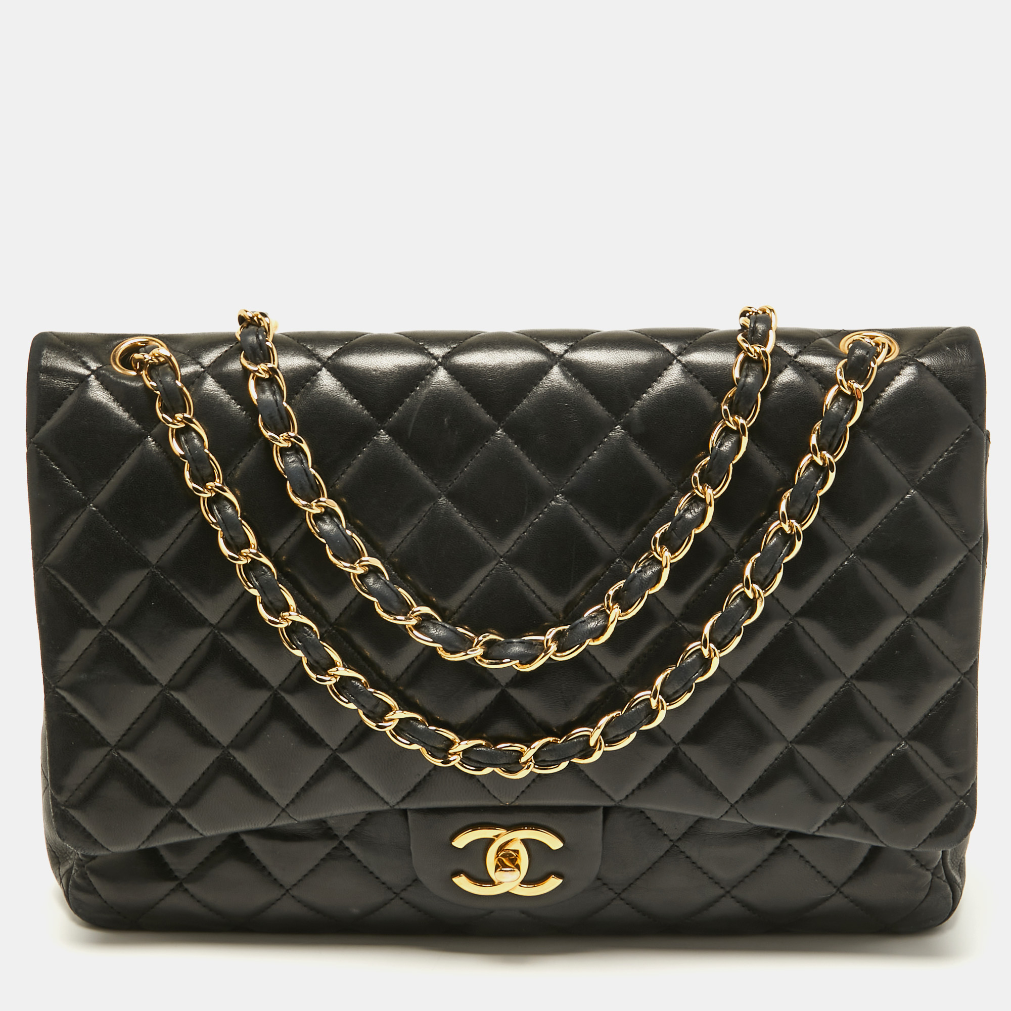 Pre Owned Chanel Black Quilted Leather Maxi Classic Double Flap Bag