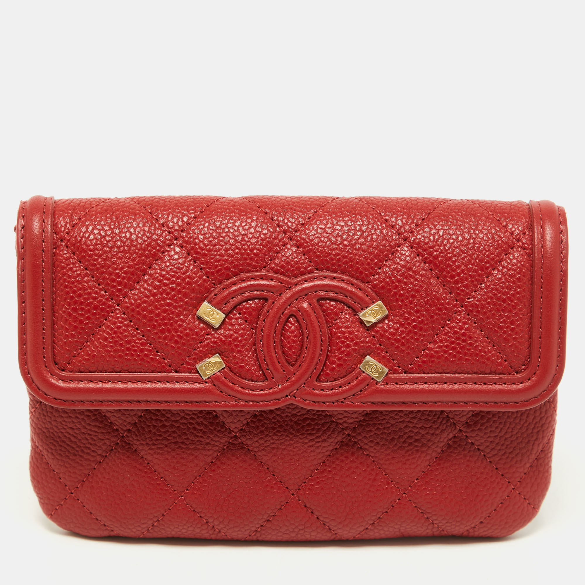 Pre Owned Chanel Red Caviar Leather Small CC Filigree Flap Wallet